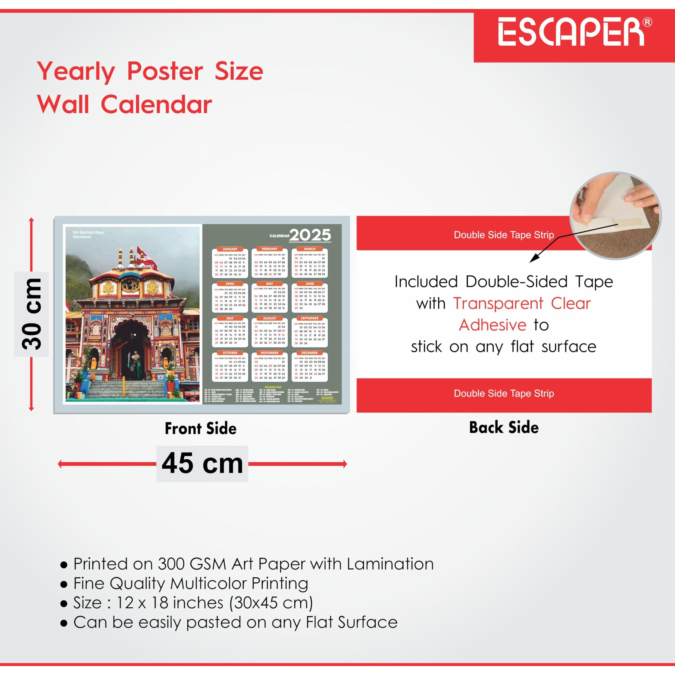 ESCAPER Kedarnath Temple Wall Calendar 2025 (45 x 30 cm), Badrinath Ji Wall Calendar 2025, Kedarnath Temple Photos, Religious Wall Calendar 2025, Kedarnath Wall Calendar 2025, Badrinath Wall Calendar 2025, Badrinath Photo, Hindu God Photo Calendar