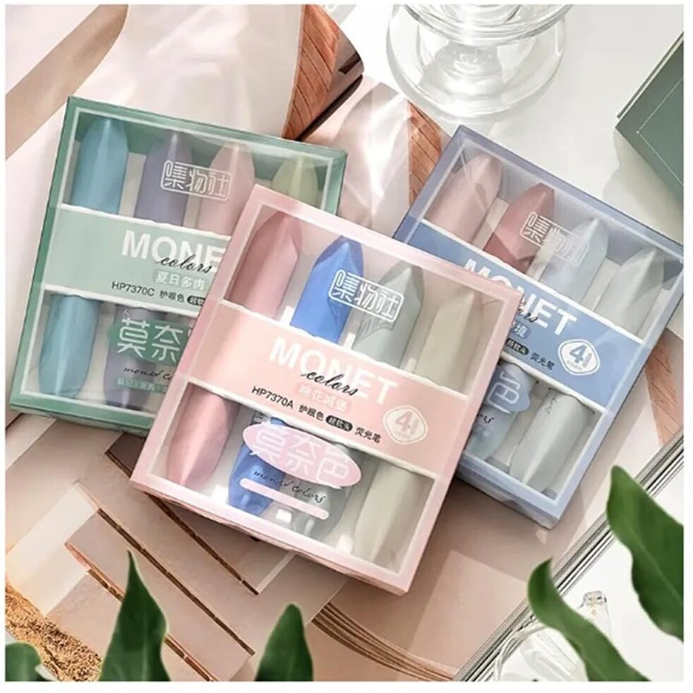 Penny Wise | Pastel Minimal Monet Color Highlighters | Set Of 4 | Aesthetic Design | Smoked Shades Bleed Free | Gifts For Stationery Hoarders & Kids | Party Return Gifts (Design A)