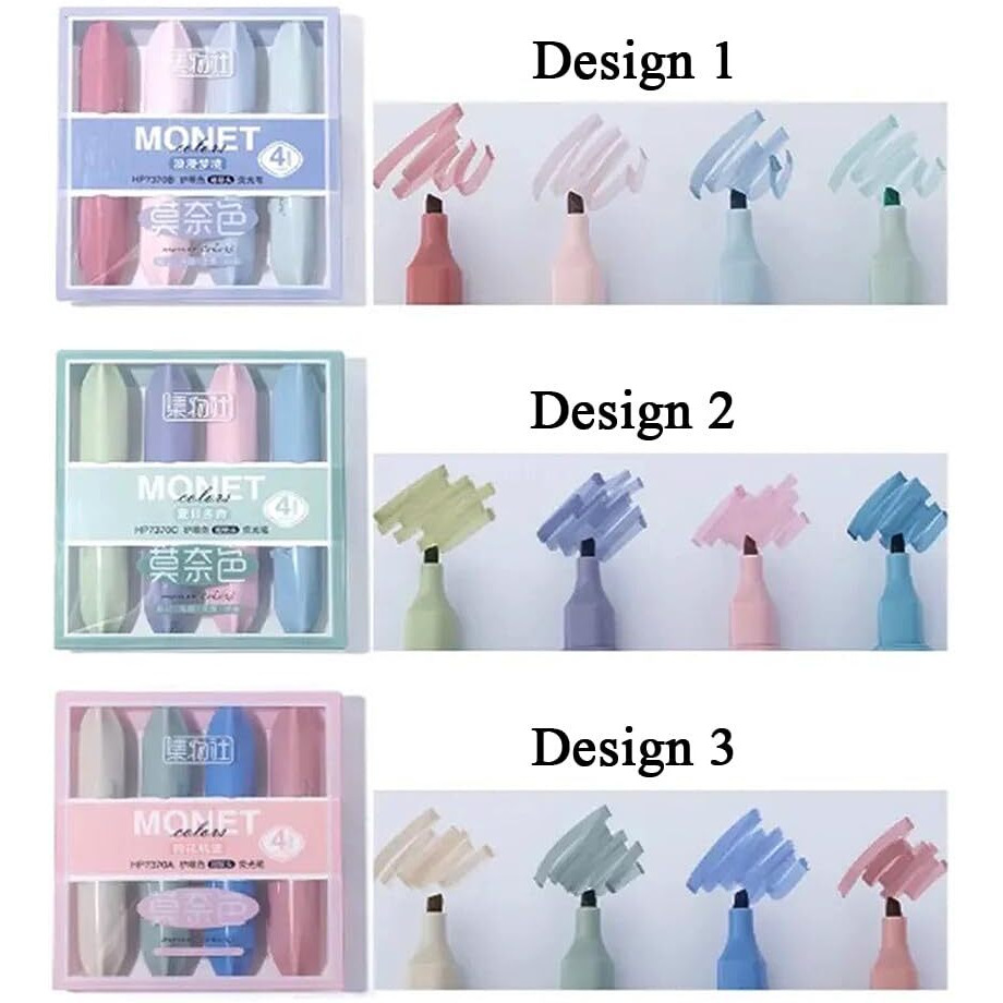 Penny Wise | Pastel Minimal Monet Color Highlighters | Set Of 4 | Aesthetic Design | Smoked Shades Bleed Free | Gifts For Stationery Hoarders & Kids | Party Return Gifts (Design A)