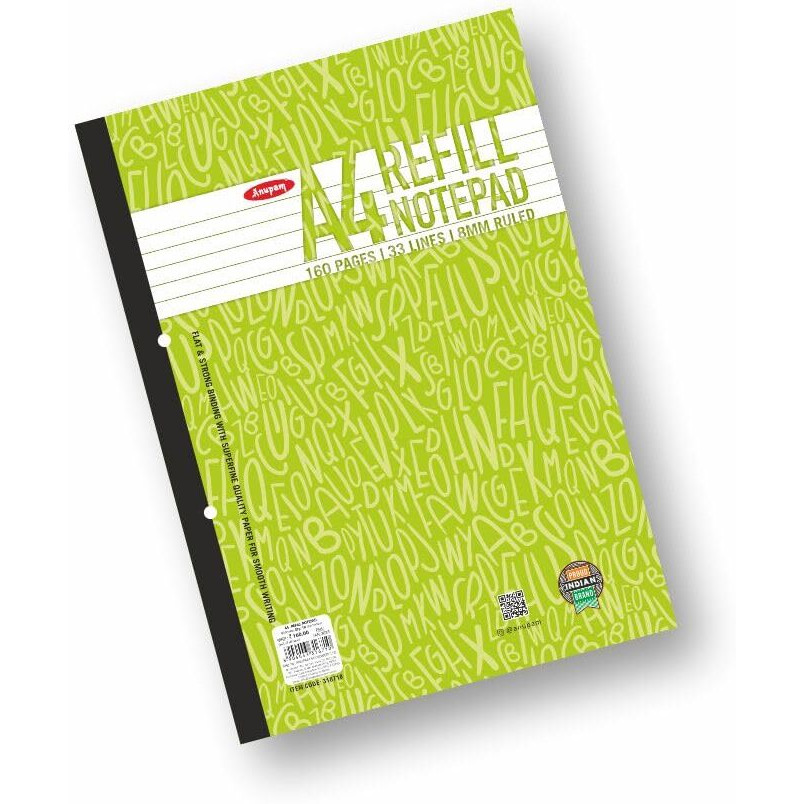 Anupam Refill Writing Notepad A4 Lined Paper Wide Ruled 80 Sheets Notepad, One Side Glue Bound, 2 Hole Punched Notebook with Strong Rorust Material Back Board for Office, School (Pack of 1)