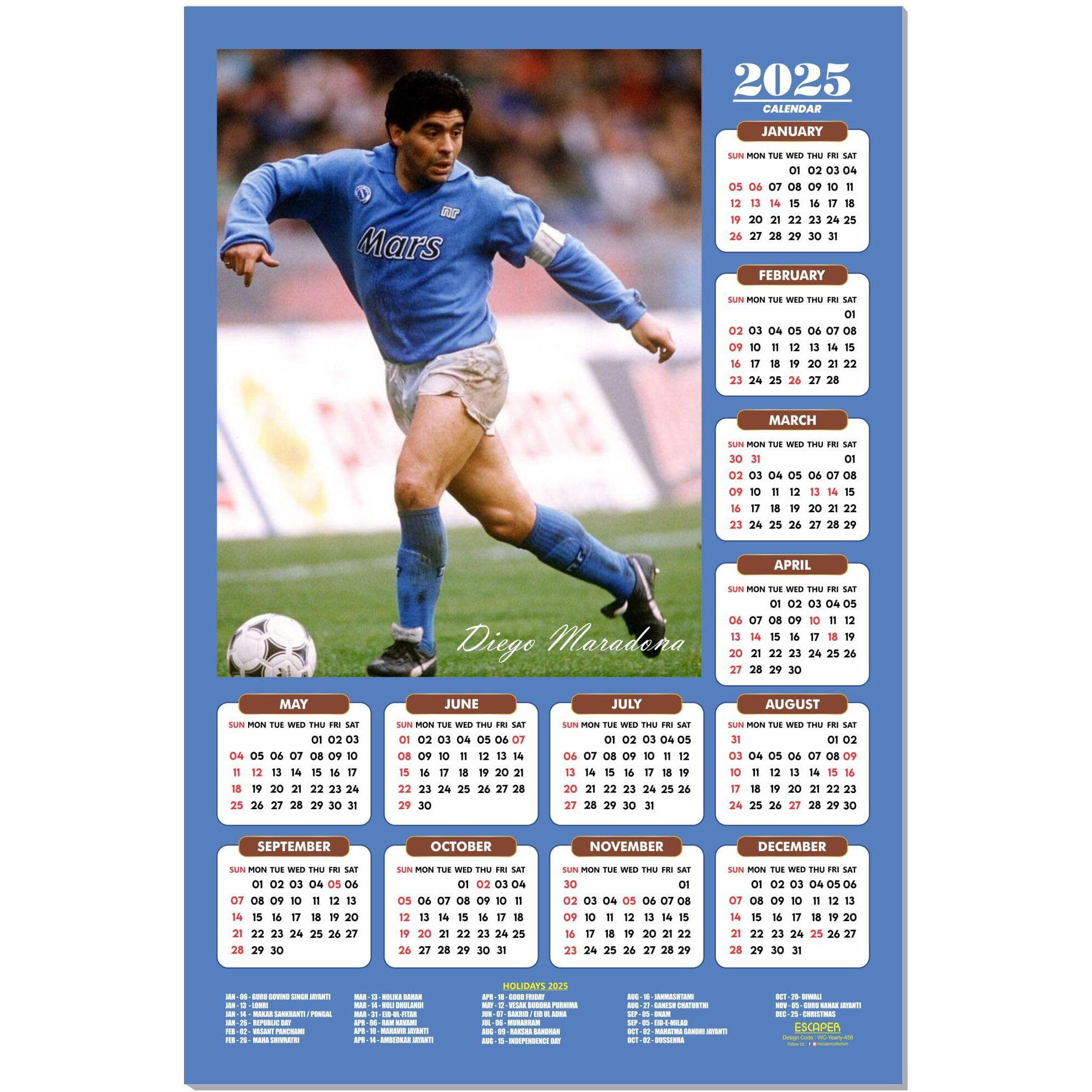 ESCAPER Football Players Wall Calendar 2025 for Room Decoration (45 x 30 cm), Famous Footballers Wall Calendar 2025, Football Wall Calendar 2025 hanging, Football Wall Calendar 2025 Set