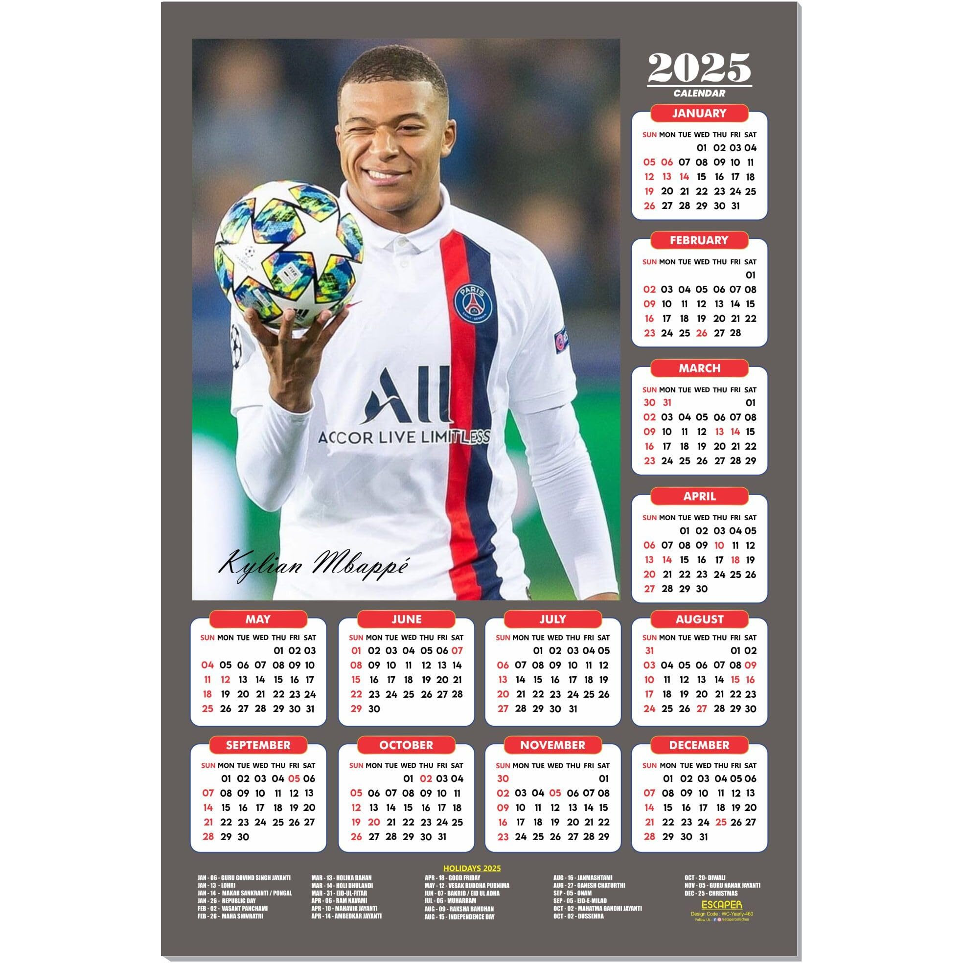ESCAPER Football Players Wall Calendar 2025 for Room Decoration (45 x 30 cm), Famous Footballers Wall Calendar 2025, Football Wall Calendar 2025 hanging, Football Wall Calendar 2025 Set