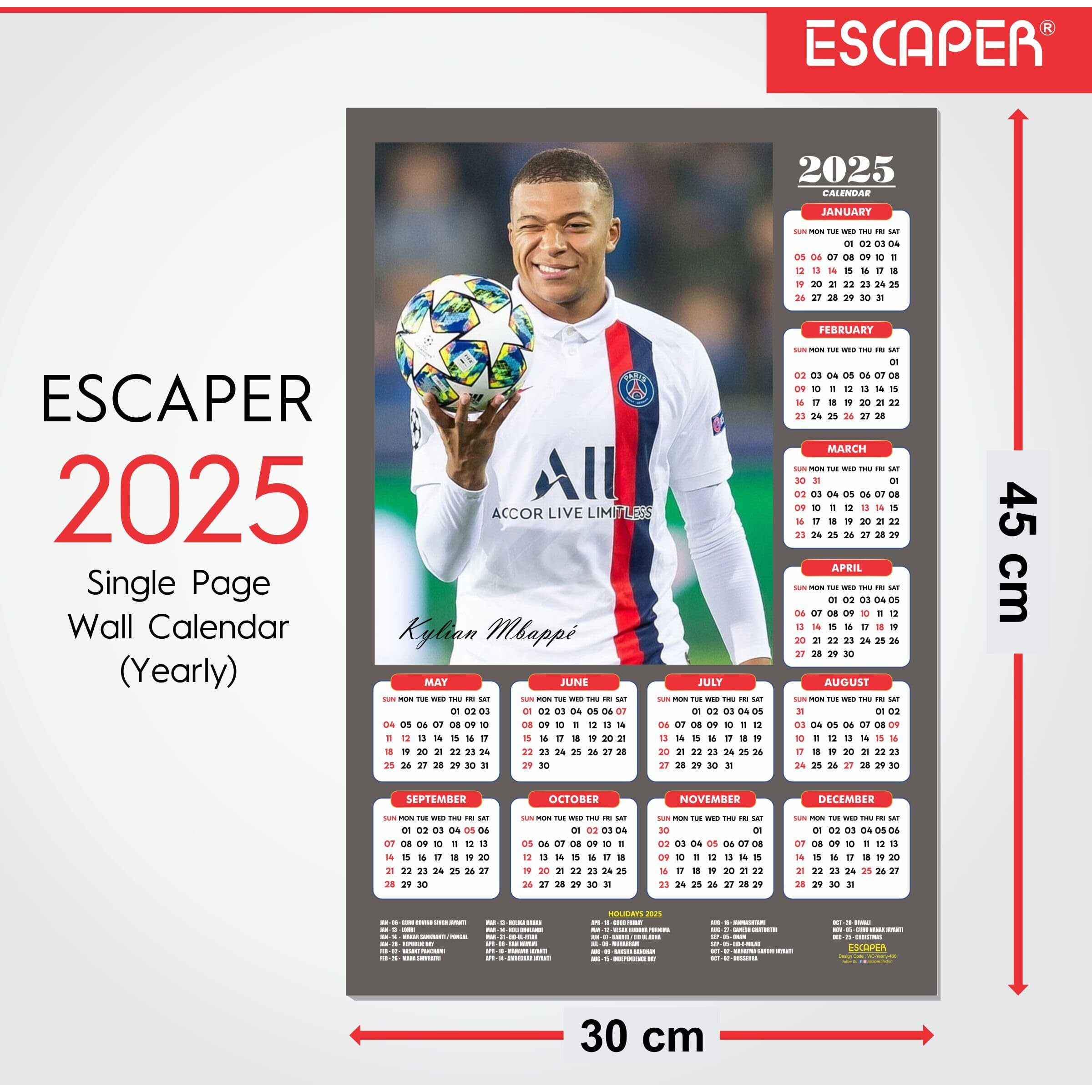 ESCAPER Football Players Wall Calendar 2025 for Room Decoration (45 x 30 cm), Famous Footballers Wall Calendar 2025, Football Wall Calendar 2025 hanging, Football Wall Calendar 2025 Set