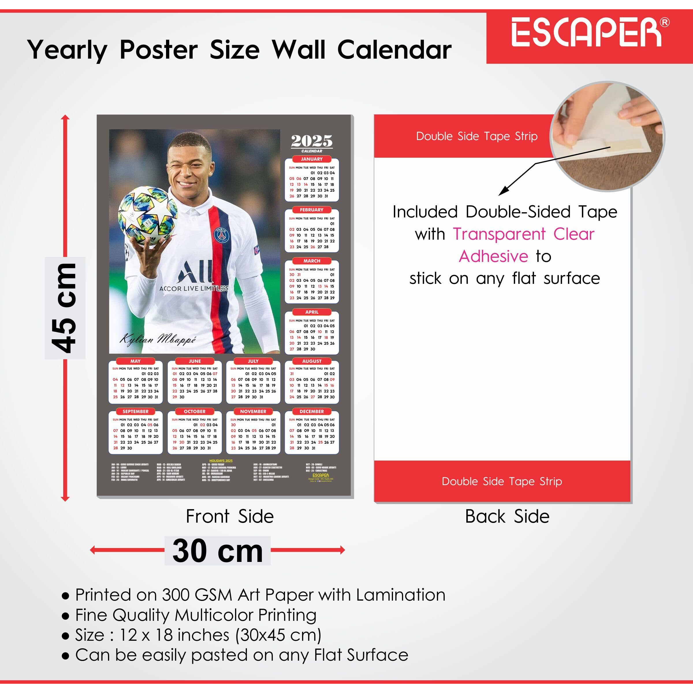 ESCAPER Football Players Wall Calendar 2025 for Room Decoration (45 x 30 cm), Famous Footballers Wall Calendar 2025, Football Wall Calendar 2025 hanging, Football Wall Calendar 2025 Set