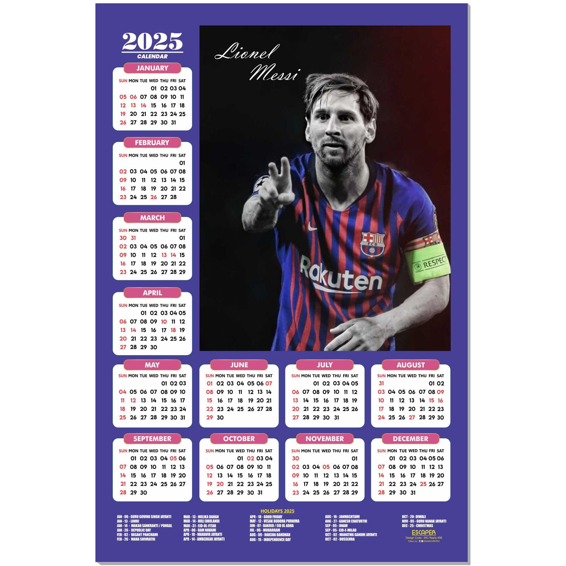 ESCAPER Football Players Wall Calendar 2025 for Room Decoration (45 x 30 cm), Famous Footballers Wall Calendar 2025, Football Wall Calendar 2025 hanging, Football Wall Calendar 2025 Set