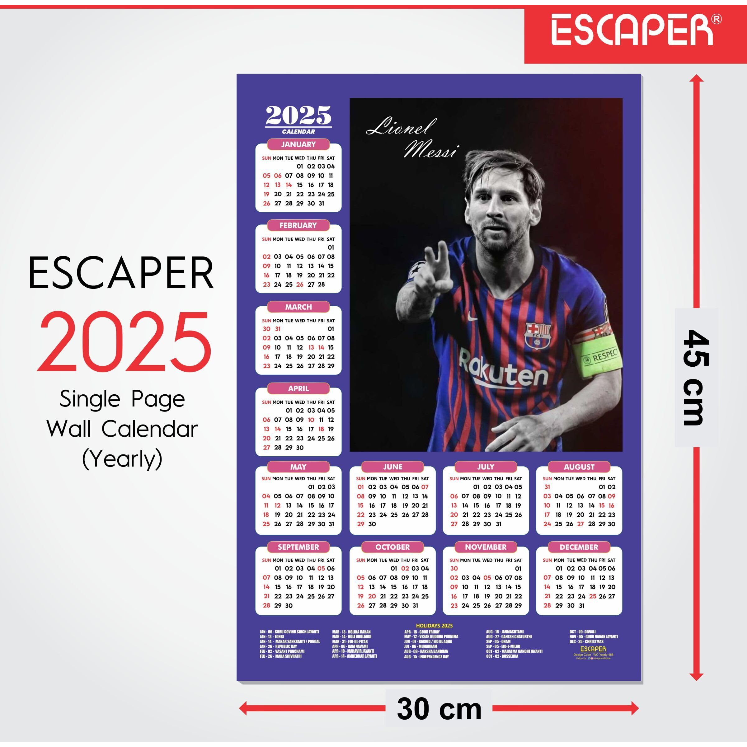 ESCAPER Football Players Wall Calendar 2025 for Room Decoration (45 x 30 cm), Famous Footballers Wall Calendar 2025, Football Wall Calendar 2025 hanging, Football Wall Calendar 2025 Set