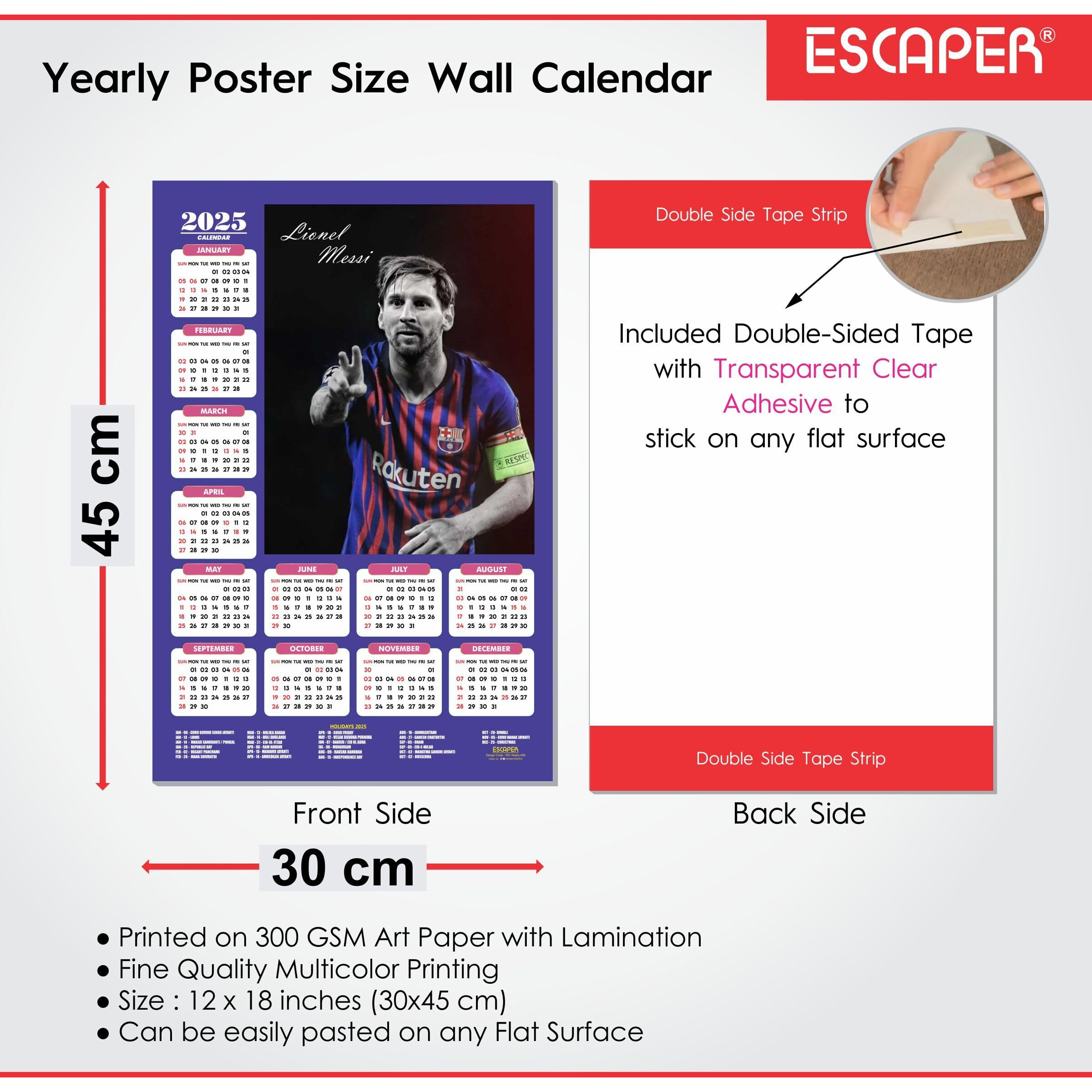 ESCAPER Football Players Wall Calendar 2025 for Room Decoration (45 x 30 cm), Famous Footballers Wall Calendar 2025, Football Wall Calendar 2025 hanging, Football Wall Calendar 2025 Set