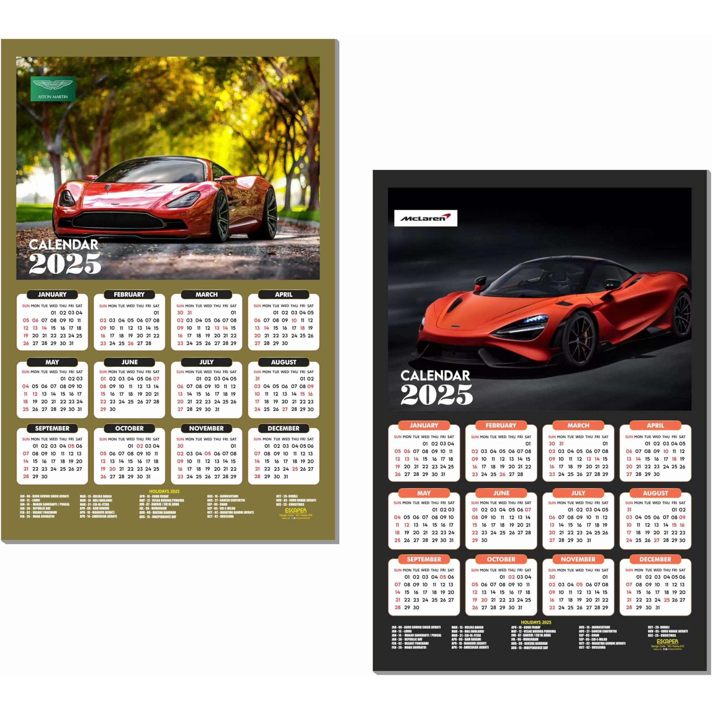 ESCAPER Car Wall Calendar 2025 hanging (45 x 30 cm), Car Wall Calendar 2025 for Room Decoration, Car Wall Calendar 2025 for sports car, Car Wall Decor, Car Wall Calendar 2025 hanging big size