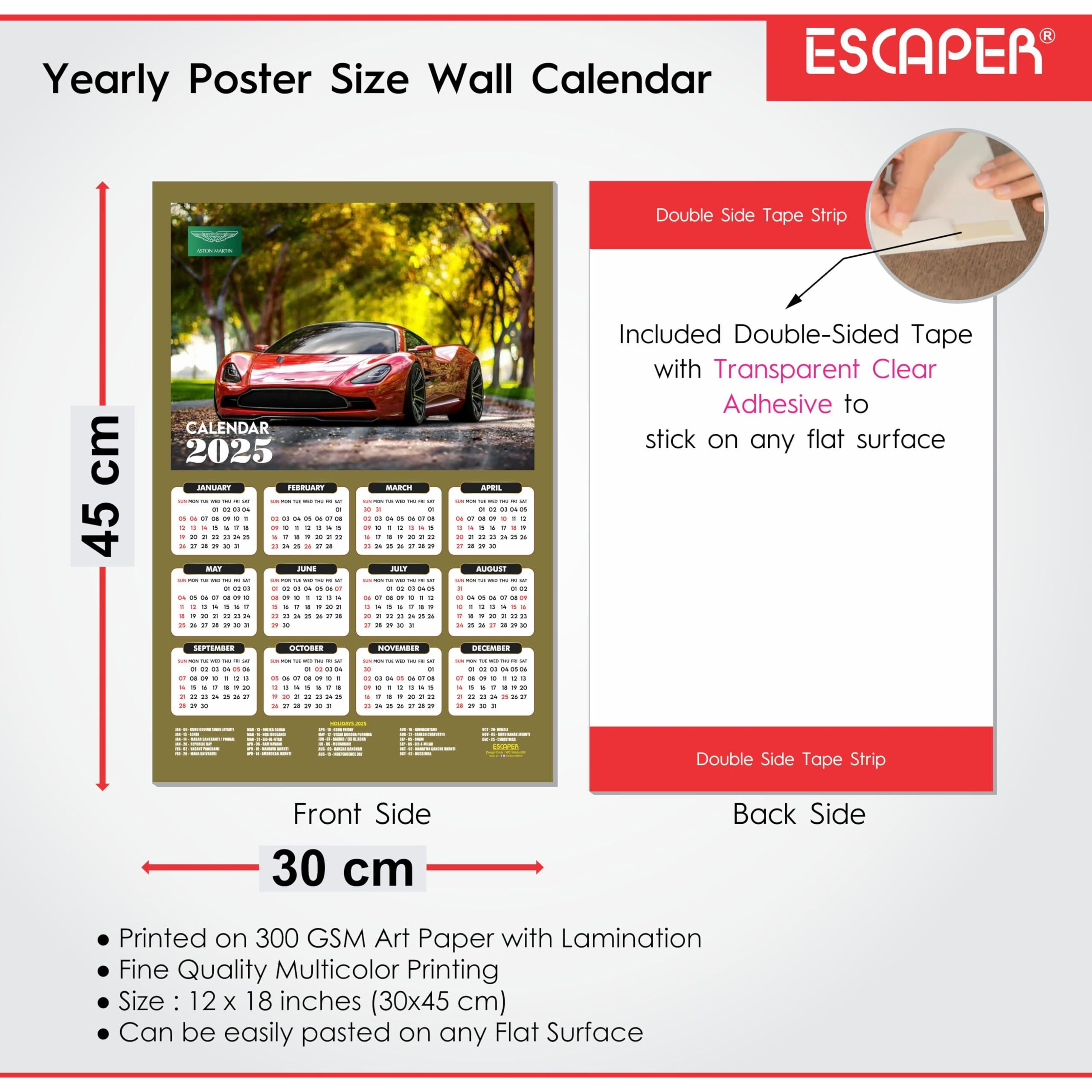 ESCAPER Car Wall Calendar 2025 hanging (45 x 30 cm), Car Wall Calendar 2025 for Room Decoration, Car Wall Calendar 2025 for sports car, Car Wall Decor, Car Wall Calendar 2025 hanging big size