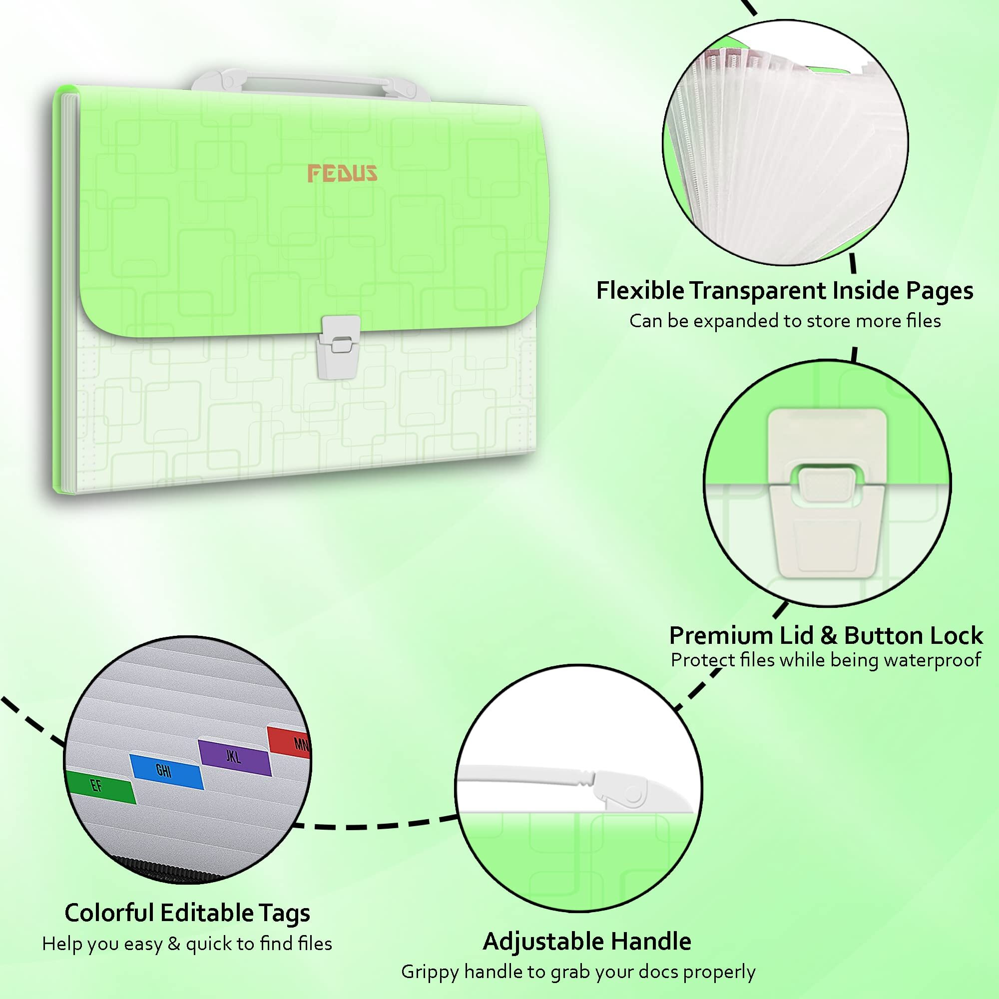 FEDUS 13 Pocket Expanding File Folder with Handle, A4 Large Capacity Portable Plastic Folder for Important Documents Holder, Accordion Paper Storage Organizer Bag with Labels Index Green