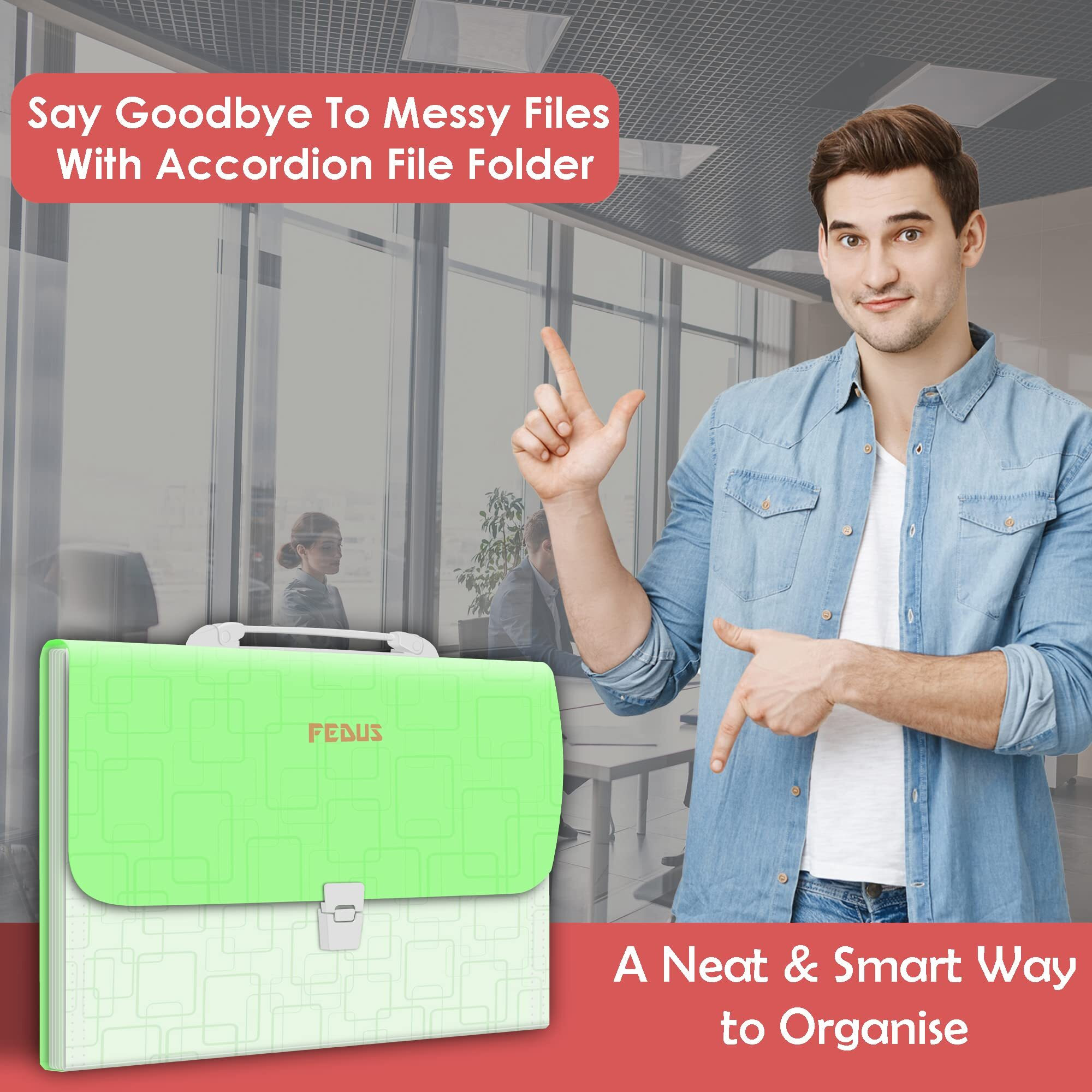 FEDUS 13 Pocket Expanding File Folder with Handle, A4 Large Capacity Portable Plastic Folder for Important Documents Holder, Accordion Paper Storage Organizer Bag with Labels Index Green