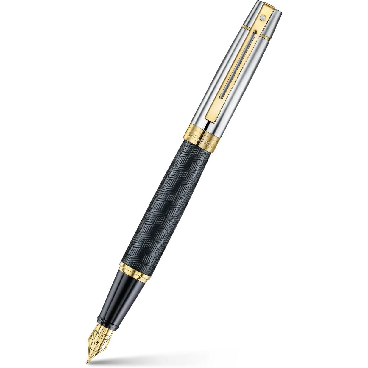 Sheaffer 300 Fountain Pen | E9347 Engraved Matt Black Barrel and Shiny Chrome Cap with PVD Gold Trims | Medium Nib | Premium Fountain Pen