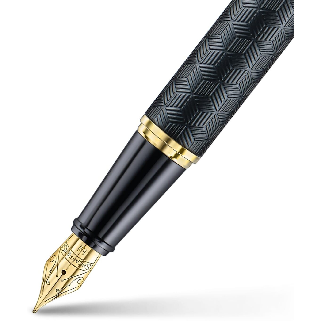 Sheaffer 300 Fountain Pen | E9347 Engraved Matt Black Barrel and Shiny Chrome Cap with PVD Gold Trims | Medium Nib | Premium Fountain Pen