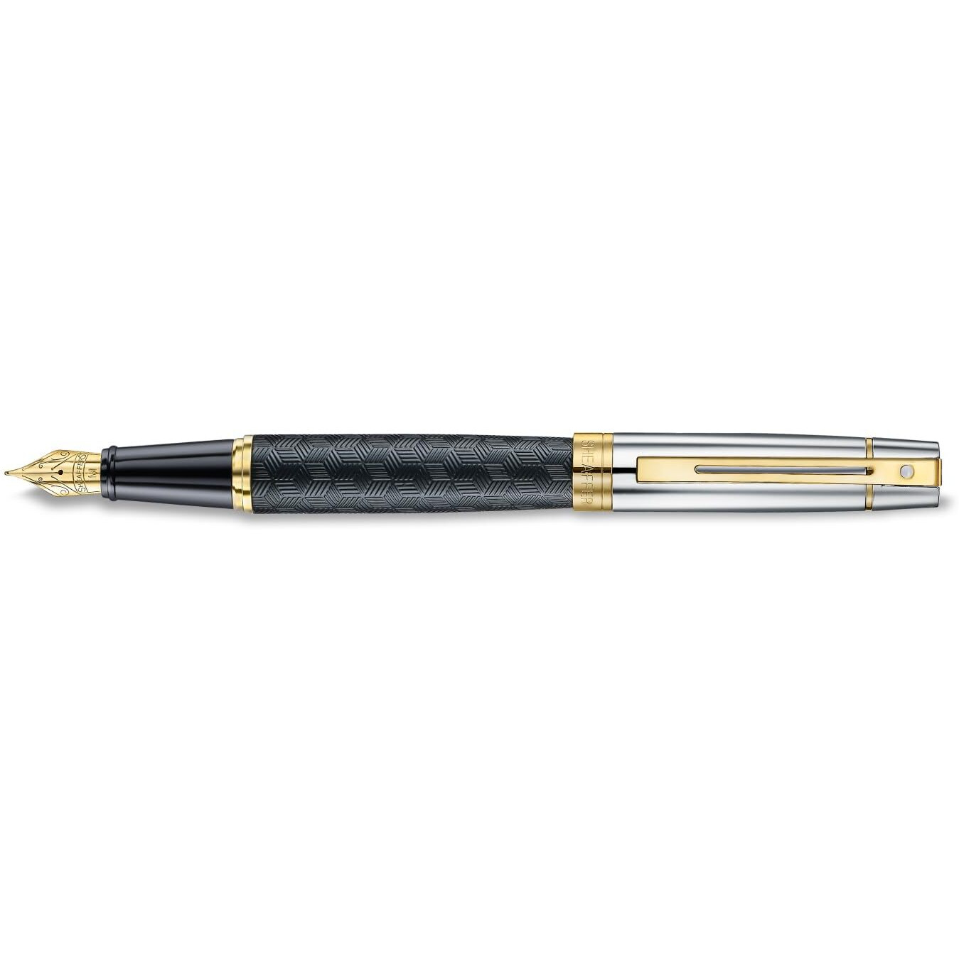 Sheaffer 300 Fountain Pen | E9347 Engraved Matt Black Barrel and Shiny Chrome Cap with PVD Gold Trims | Medium Nib | Premium Fountain Pen