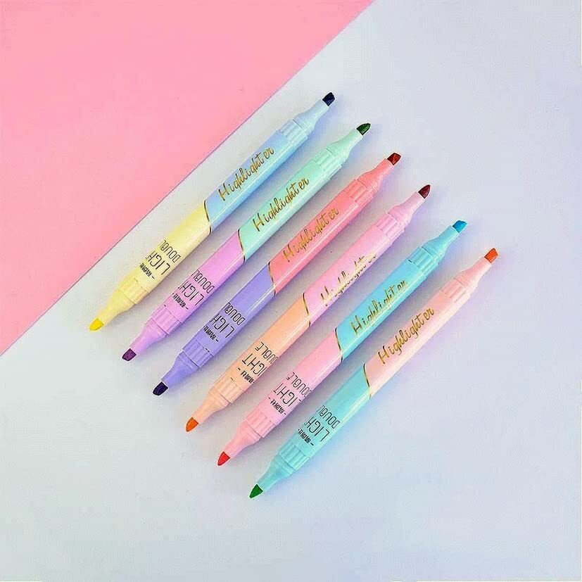 Ayat Retail | Quirky Twin Tip Highlighters | 6 Double Sided Pen With 12 colors | Chisel Tip Fine Grip Marker 3 MM Tip & Bleed Free | Gifts For Stationery Hoarders & Kids | Party Return Gifts-Assorted