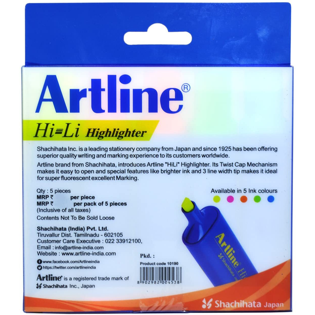 Artline Supreme Hi-Li 1.0-4.0mm 5 Shades Highlighter | Water & Fade Resistant | Acid Free | Quick Drying | Easily Applicable Highlighters | School & Office Stationery | Pack of 2