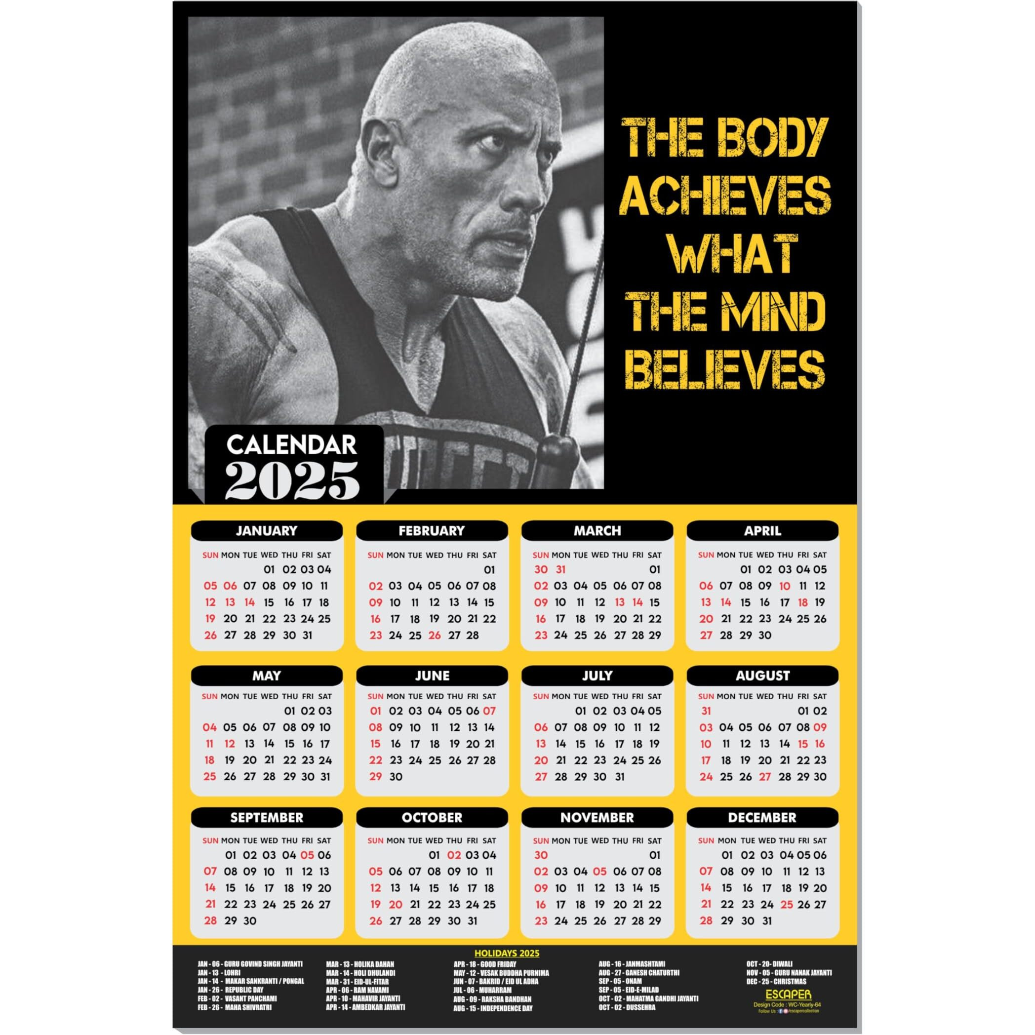 ESCAPER Dwayne Johnson Gym Wall Calendar 2025 hanging (12 x 18), Wall Calendar 2025 for Gym Motivation, Workout Wall Calendar 2025 for Gym, Exercise Wall Calendar 2025, Bodybuilders Wall Calendar 2025, The Rock Wall Calendar 2025