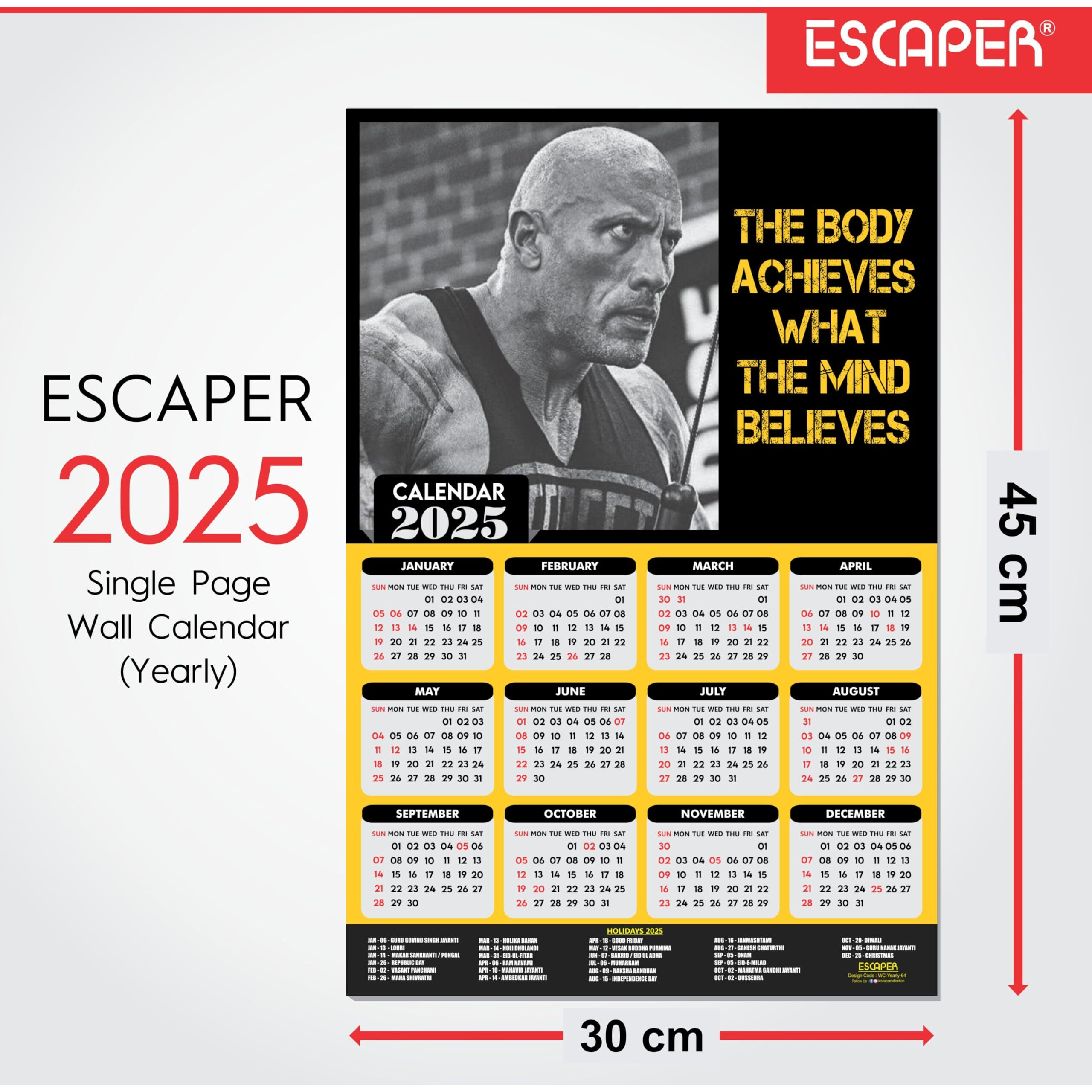 ESCAPER Dwayne Johnson Gym Wall Calendar 2025 hanging (12 x 18), Wall Calendar 2025 for Gym Motivation, Workout Wall Calendar 2025 for Gym, Exercise Wall Calendar 2025, Bodybuilders Wall Calendar 2025, The Rock Wall Calendar 2025