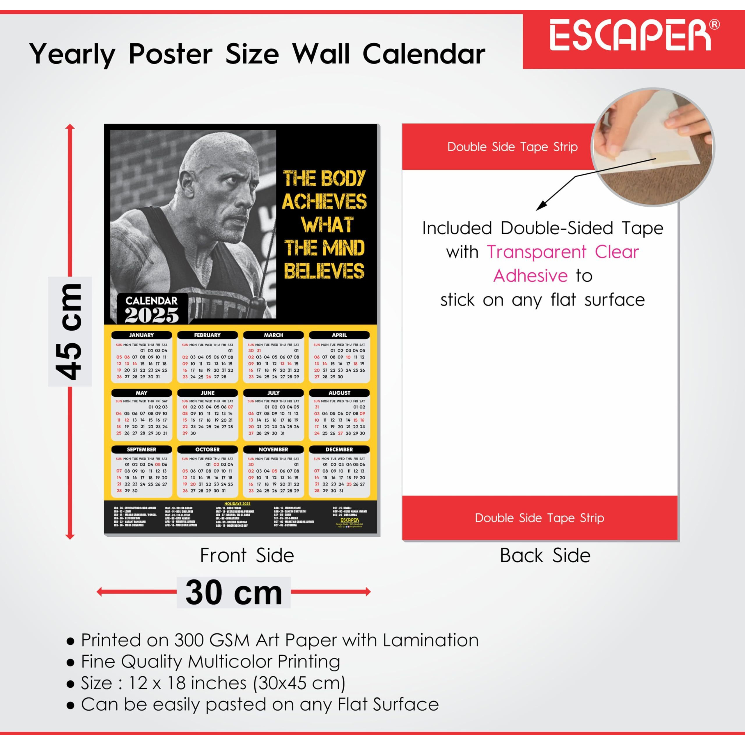 ESCAPER Dwayne Johnson Gym Wall Calendar 2025 hanging (12 x 18), Wall Calendar 2025 for Gym Motivation, Workout Wall Calendar 2025 for Gym, Exercise Wall Calendar 2025, Bodybuilders Wall Calendar 2025, The Rock Wall Calendar 2025