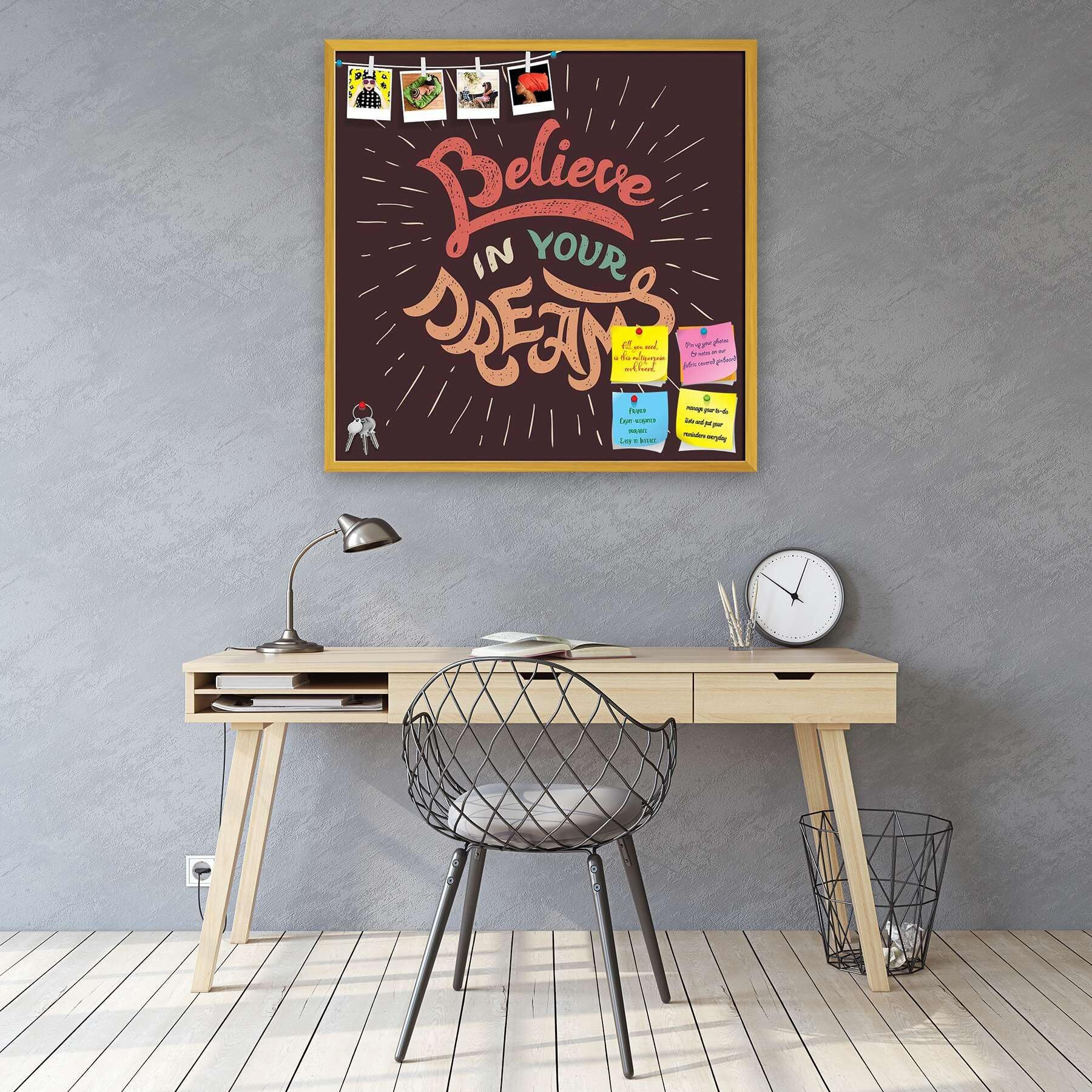 ArtzFolio Believe in Your Dreams | Bulletin Board Notice Pin Board | Vision Soft Board Combo with Thumb Push Pins & Sticky Notes | Golden Frame | 16 x 16 inch (41 x 41 cms)