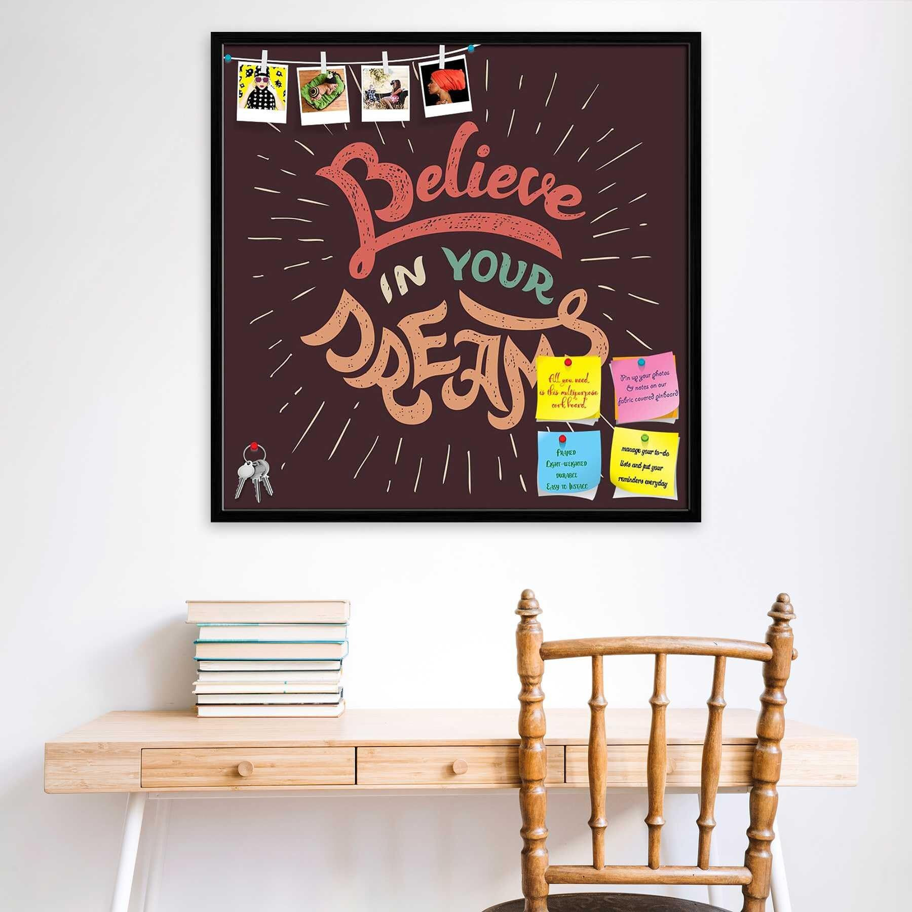 ArtzFolio Believe in Your Dreams | Bulletin Board Notice Pin Board | Vision Soft Board Combo with Thumb Push Pins & Sticky Notes | Black Frame | 28 x 28 inch (71 x 71 cms)