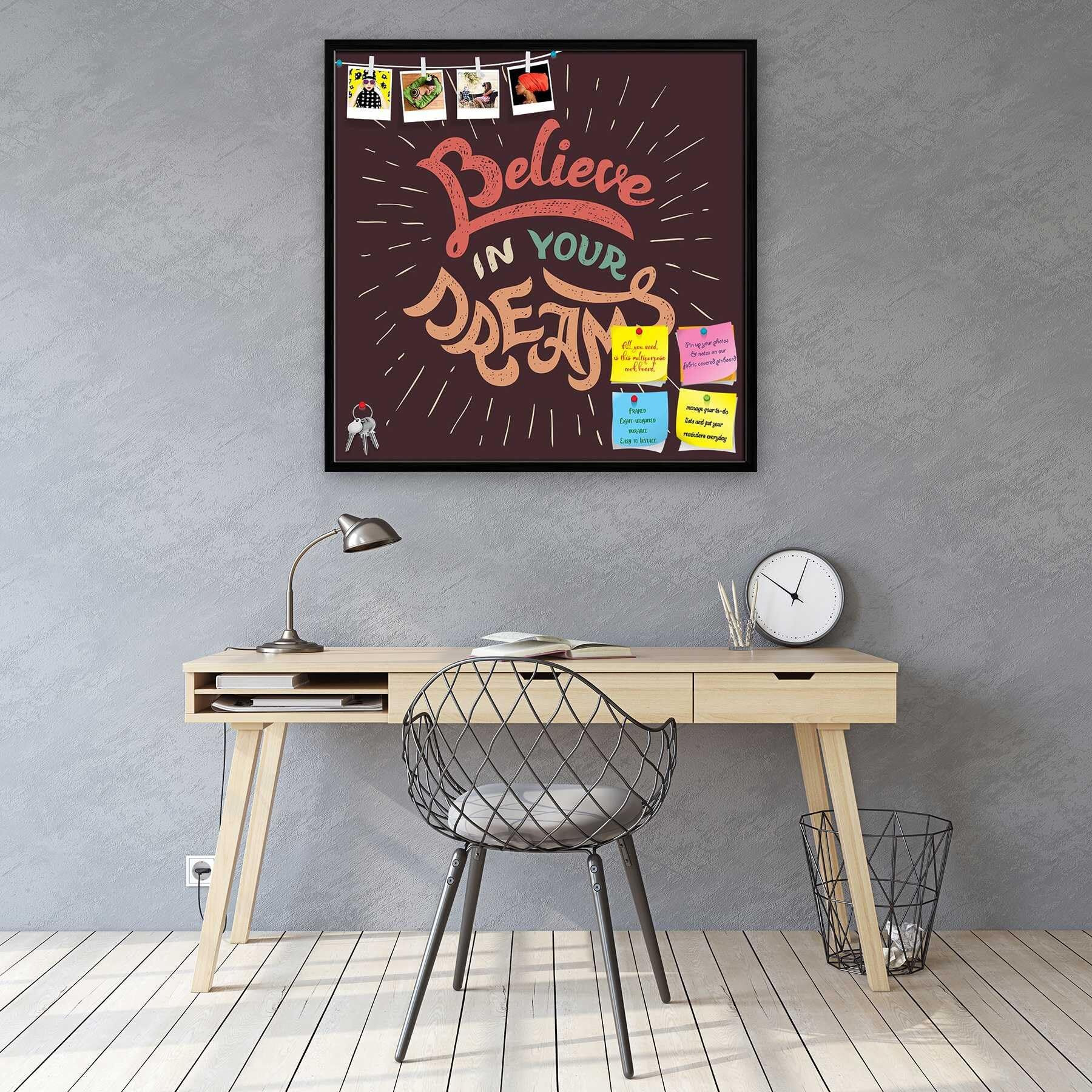 ArtzFolio Believe in Your Dreams | Bulletin Board Notice Pin Board | Vision Soft Board Combo with Thumb Push Pins & Sticky Notes | Black Frame | 28 x 28 inch (71 x 71 cms)