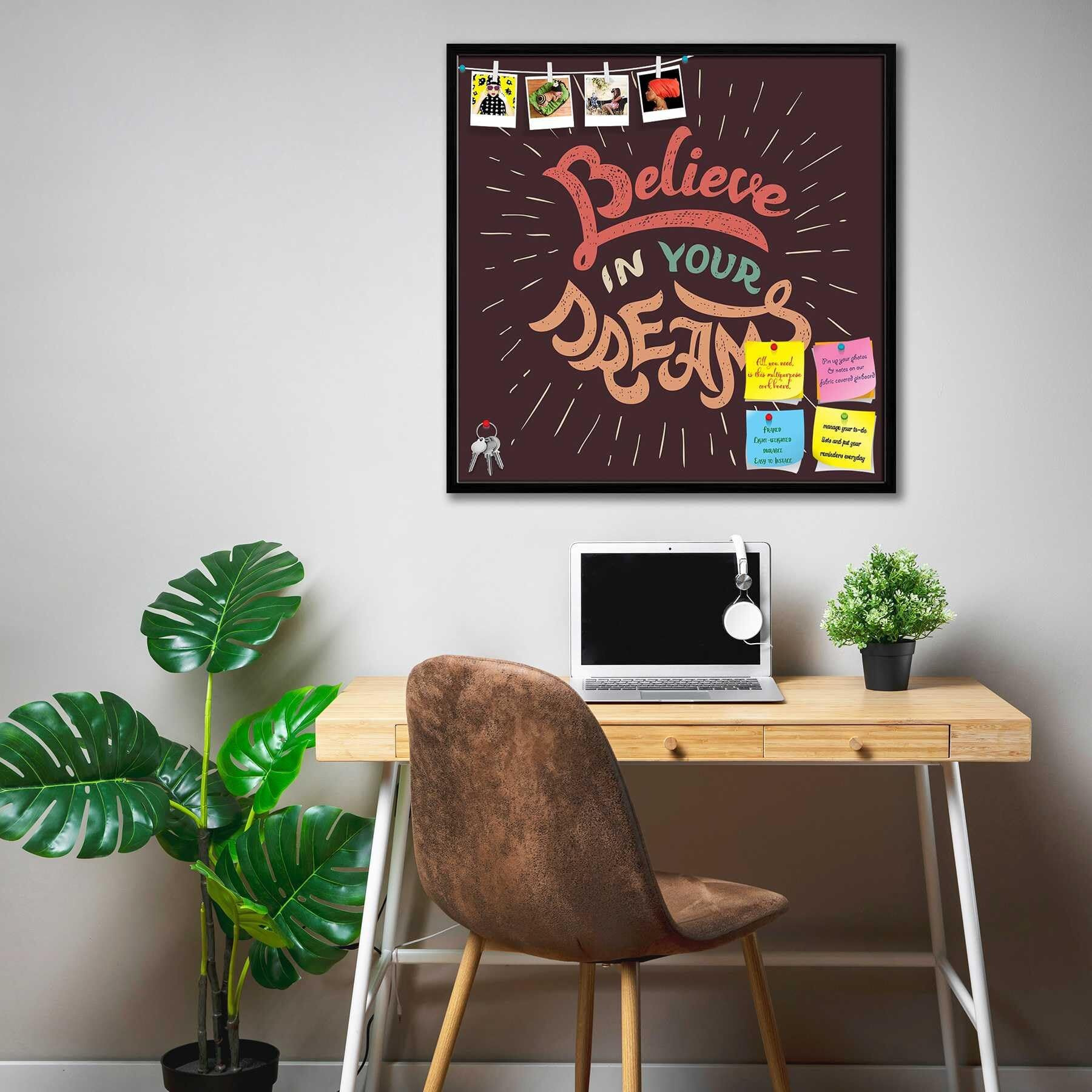 ArtzFolio Believe in Your Dreams | Bulletin Board Notice Pin Board | Vision Soft Board Combo with Thumb Push Pins & Sticky Notes | Black Frame | 28 x 28 inch (71 x 71 cms)