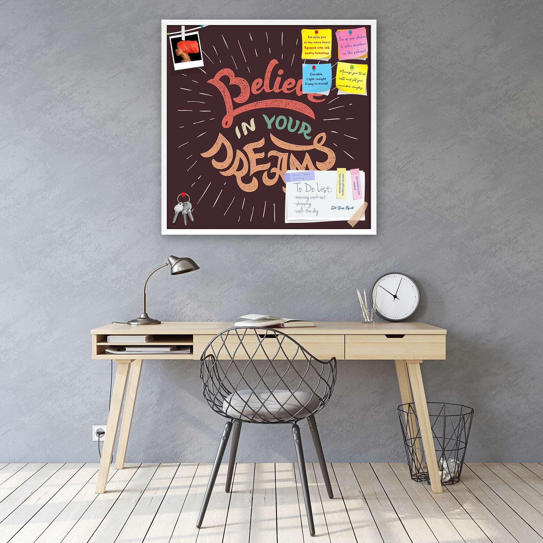 ArtzFolio Believe in Your Dreams | Bulletin Board Notice Pin Board | Vision Soft Board Combo with Thumb Push Pins & Sticky Notes | White Frame | 24 x 24 inch (61 x 61 cms)