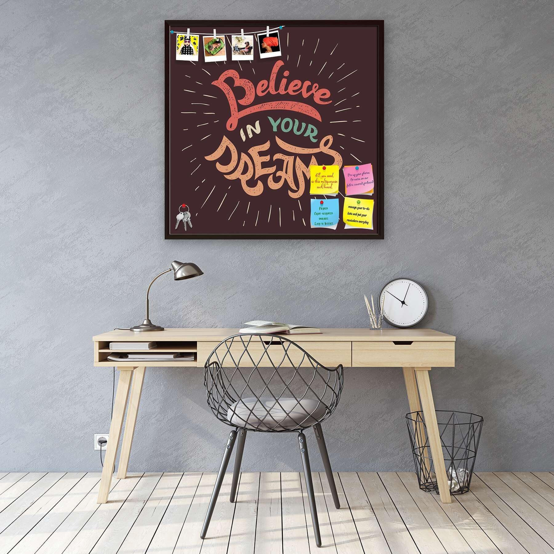 ArtzFolio Believe in Your Dreams | Bulletin Board Notice Pin Board | Vision Soft Board Combo with Thumb Push Pins & Sticky Notes | Dark Brown Frame | 12 x 12 inch (30 x 30 cms)