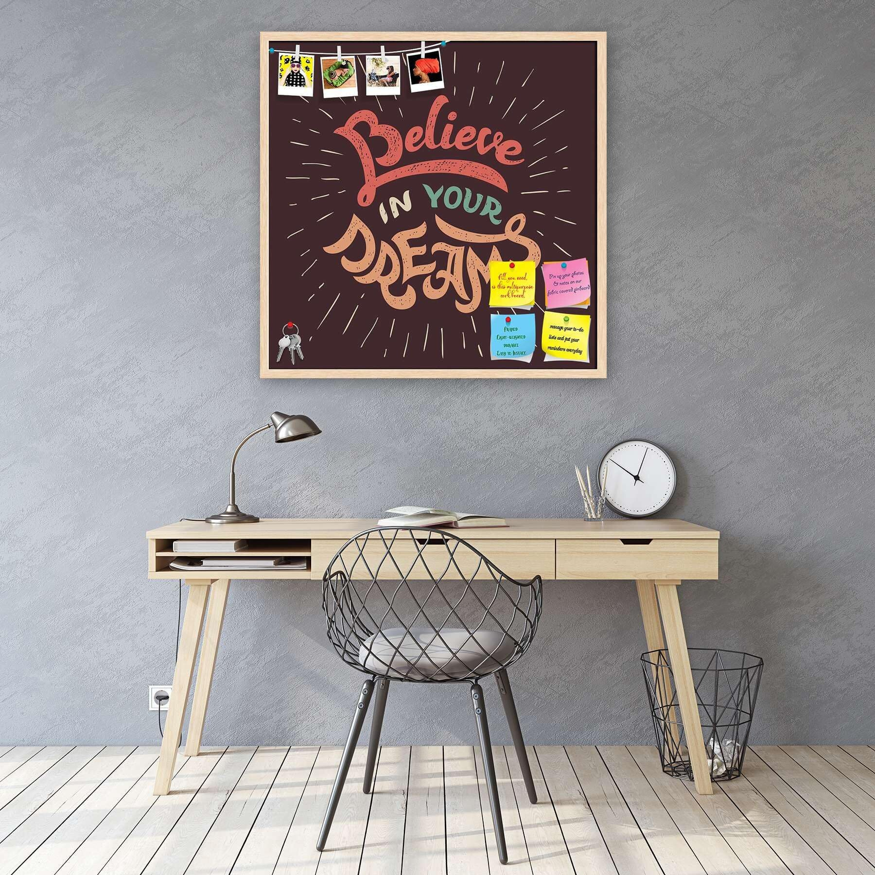 ArtzFolio Believe in Your Dreams | Bulletin Board Notice Pin Board | Vision Soft Board Combo with Thumb Push Pins & Sticky Notes | Natural Brown Frame | 28 x 28 inch (71 x 71 cms)