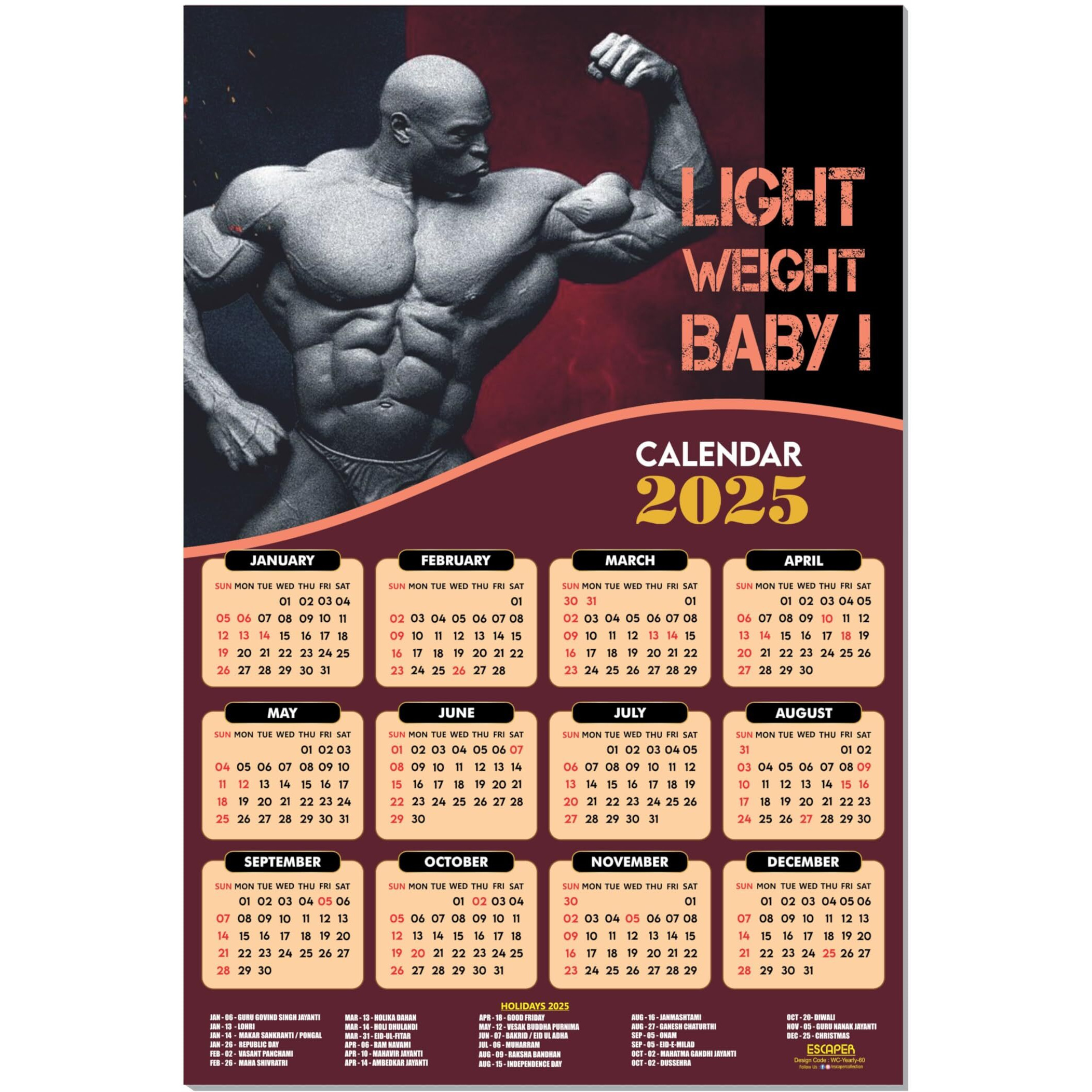 ESCAPER Ronnie Coleman Gym Wall Calendar 2025 hanging (12 x 18), Wall Calendar 2025 for Gym Motivation, Workout Wall Calendar 2025 for Gym, Exercise Wall Calendar 2025, Bodybuilders Wall Calendar 2025, Fitness Center Wall Calendar 2025