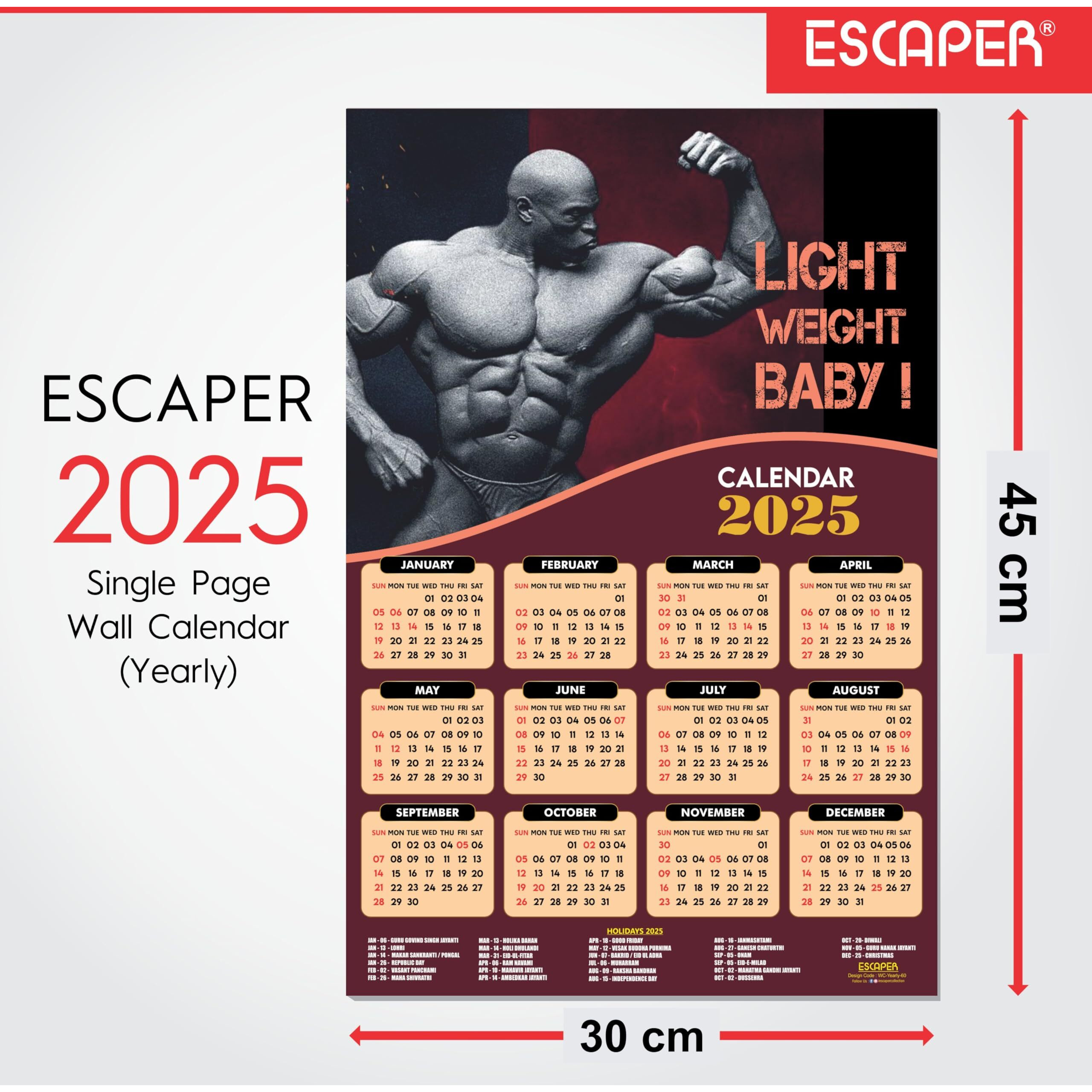 ESCAPER Ronnie Coleman Gym Wall Calendar 2025 hanging (12 x 18), Wall Calendar 2025 for Gym Motivation, Workout Wall Calendar 2025 for Gym, Exercise Wall Calendar 2025, Bodybuilders Wall Calendar 2025, Fitness Center Wall Calendar 2025