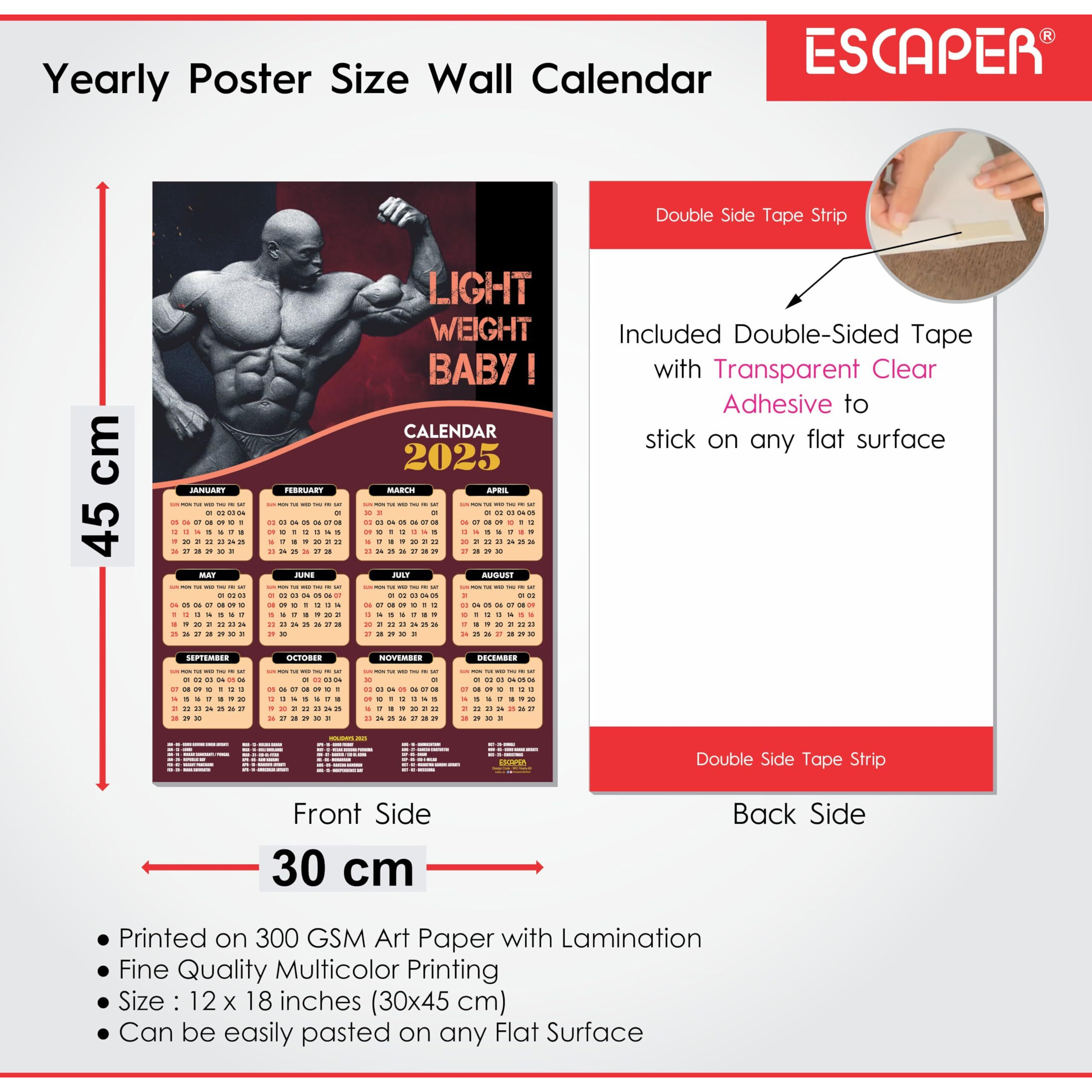 ESCAPER Ronnie Coleman Gym Wall Calendar 2025 hanging (12 x 18), Wall Calendar 2025 for Gym Motivation, Workout Wall Calendar 2025 for Gym, Exercise Wall Calendar 2025, Bodybuilders Wall Calendar 2025, Fitness Center Wall Calendar 2025