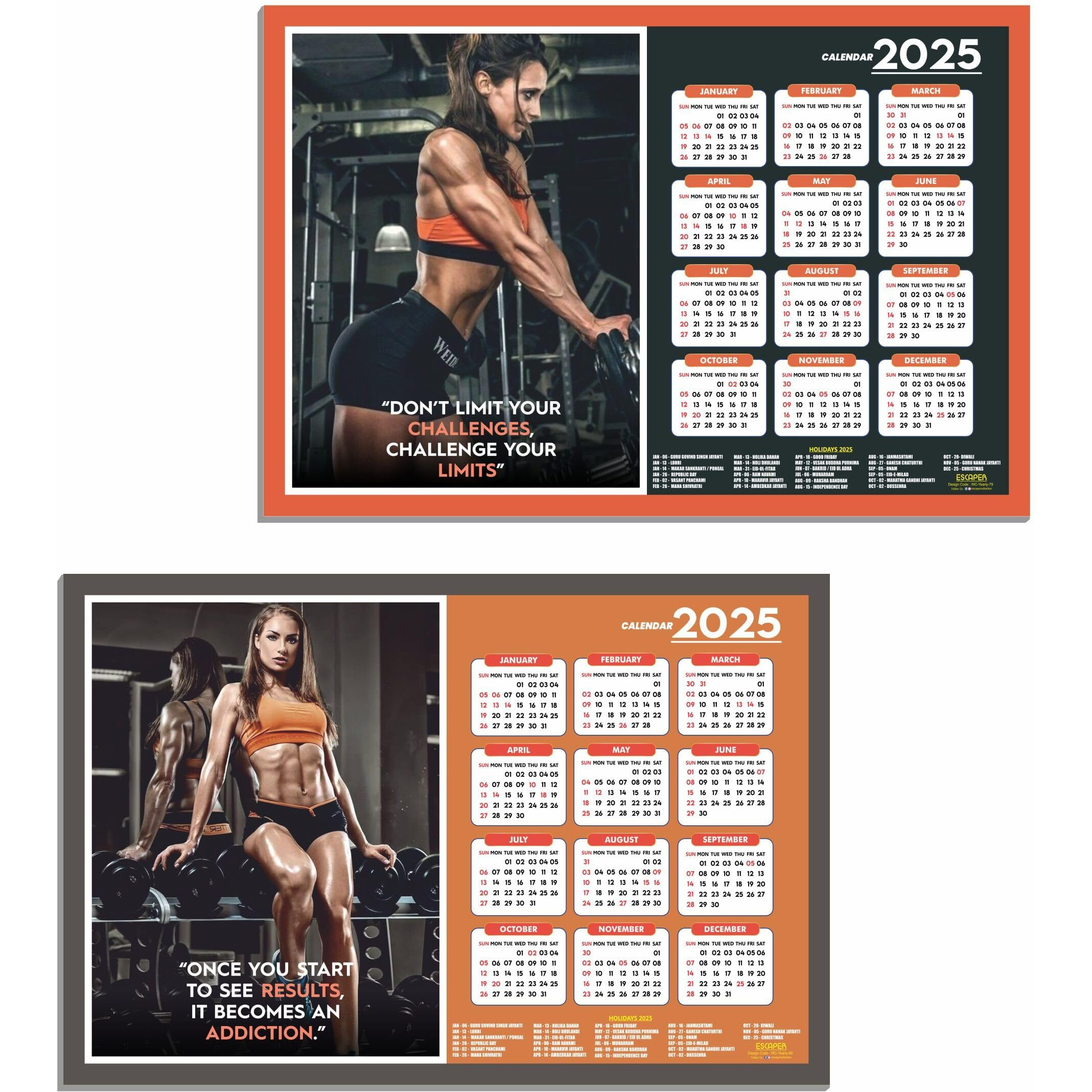 ESCAPER Gym Wall Calendar 2025 hanging (12 x 18, 300 GSM), Wall Calendar 2025 for Gym Motivation, Workout Wall Calendar 2025 for Gym, Exercise Wall Calendar 2025, Bodybuilders Wall Calendar 2025, Fitness Center Wall Calendar 2025