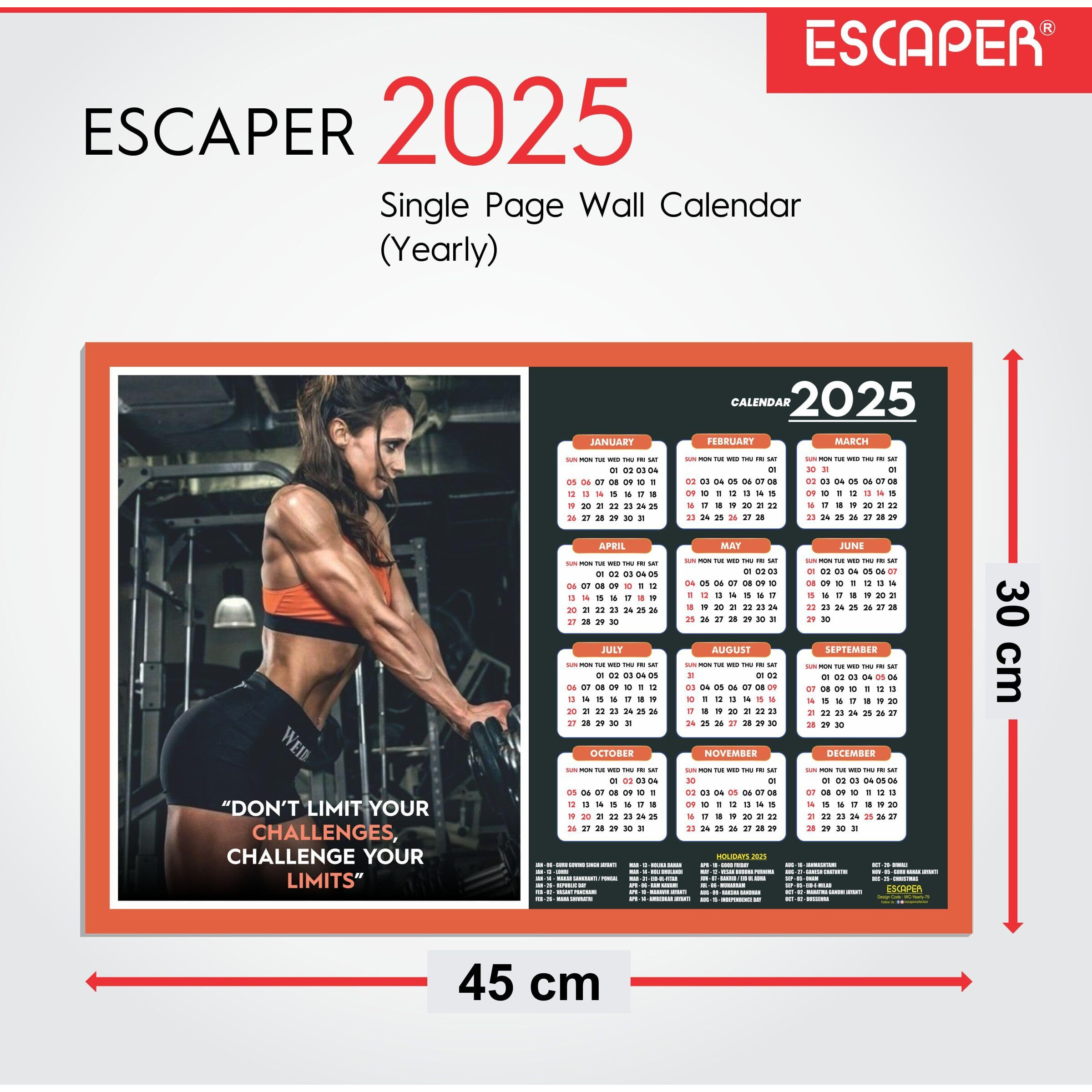 ESCAPER Gym Wall Calendar 2025 hanging (12 x 18, 300 GSM), Wall Calendar 2025 for Gym Motivation, Workout Wall Calendar 2025 for Gym, Exercise Wall Calendar 2025, Bodybuilders Wall Calendar 2025, Fitness Center Wall Calendar 2025