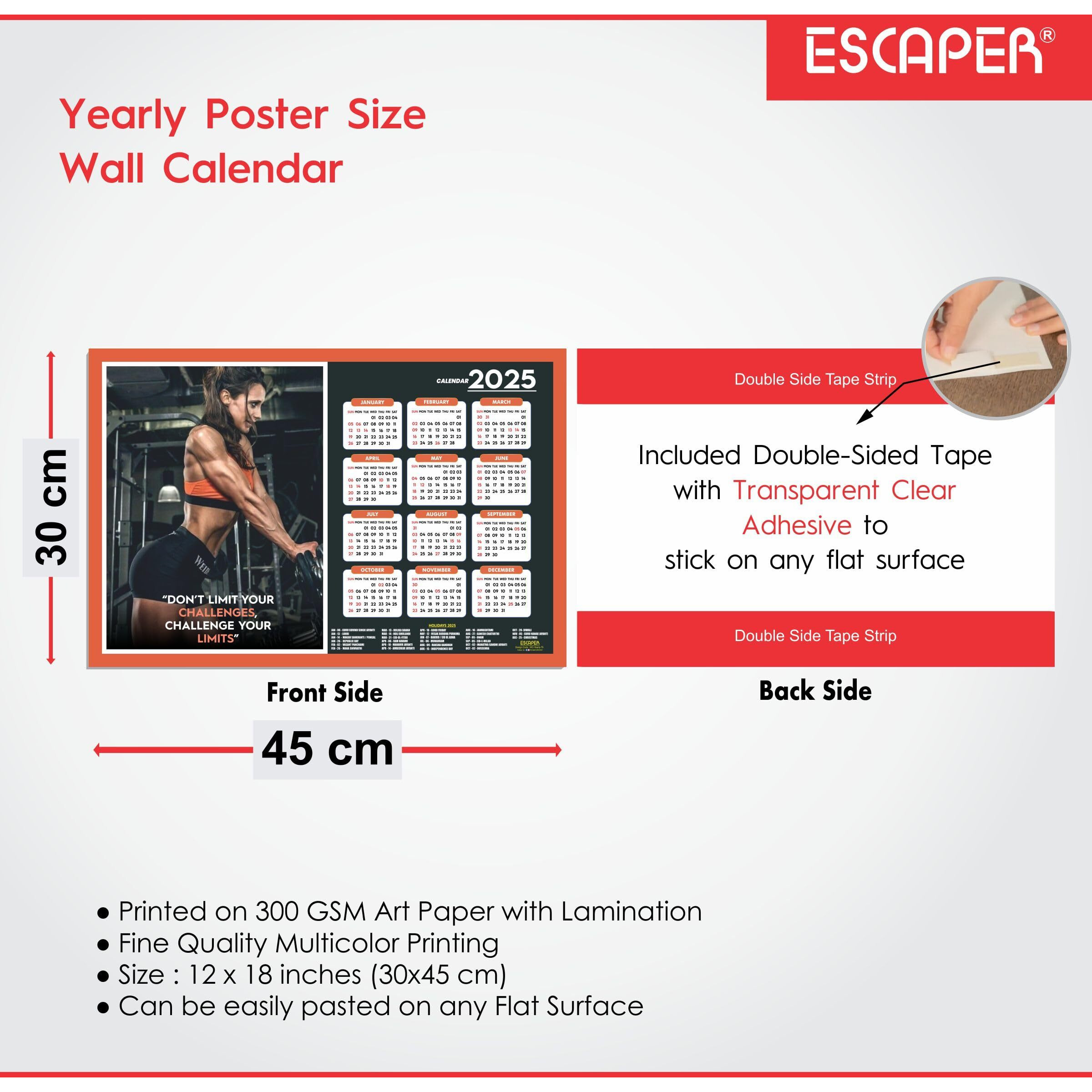 ESCAPER Gym Wall Calendar 2025 hanging (12 x 18, 300 GSM), Wall Calendar 2025 for Gym Motivation, Workout Wall Calendar 2025 for Gym, Exercise Wall Calendar 2025, Bodybuilders Wall Calendar 2025, Fitness Center Wall Calendar 2025