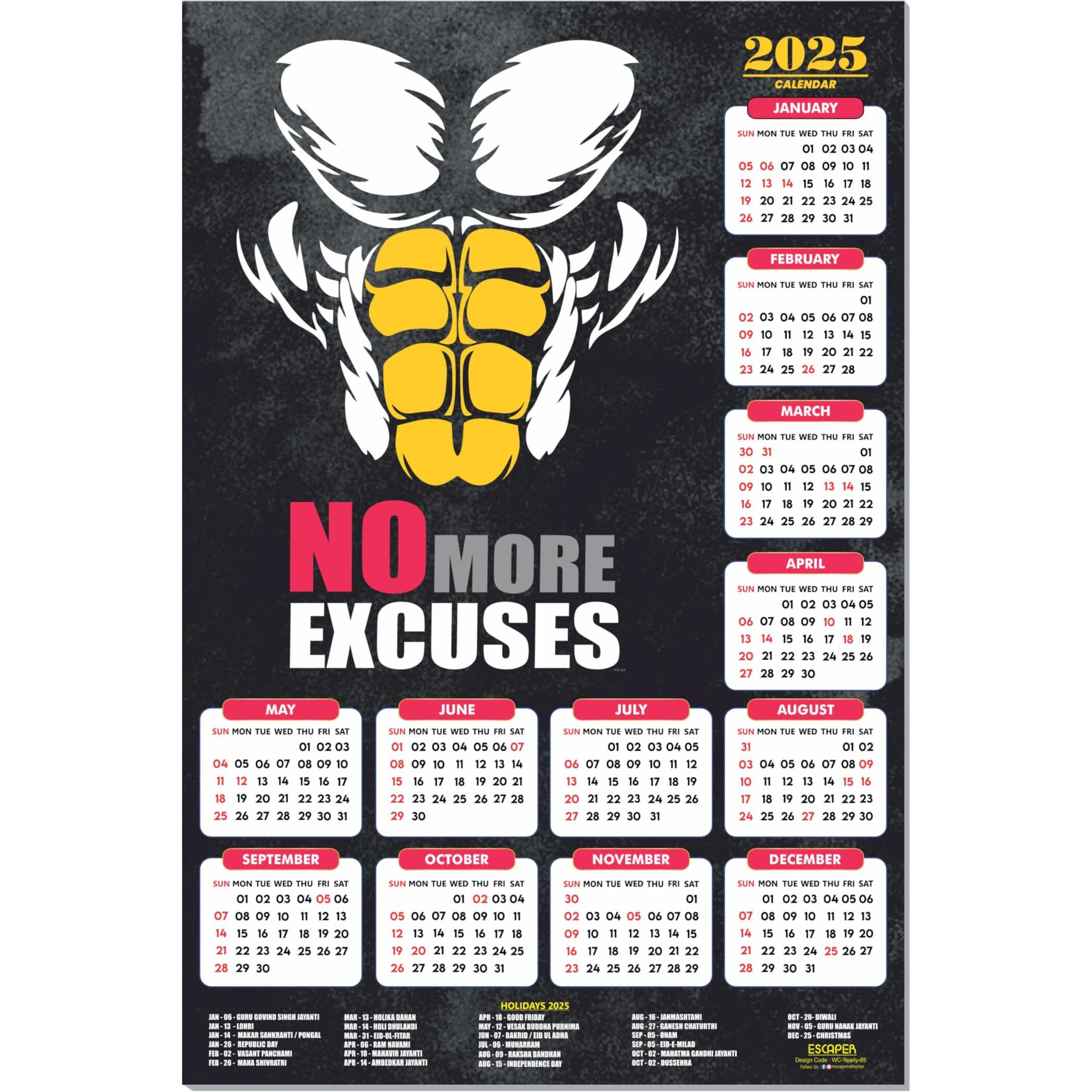 ESCAPER No More Excuses Gym Wall Calendar 2025 hanging (12 x 18), Wall Calendar 2025 for Gym Motivation, Workout Wall Calendar 2025 for Gym, Exercise Wall Calendar 2025, Bodybuilders Wall Calendar 2025, Fitness Center Wall Calendar 2025