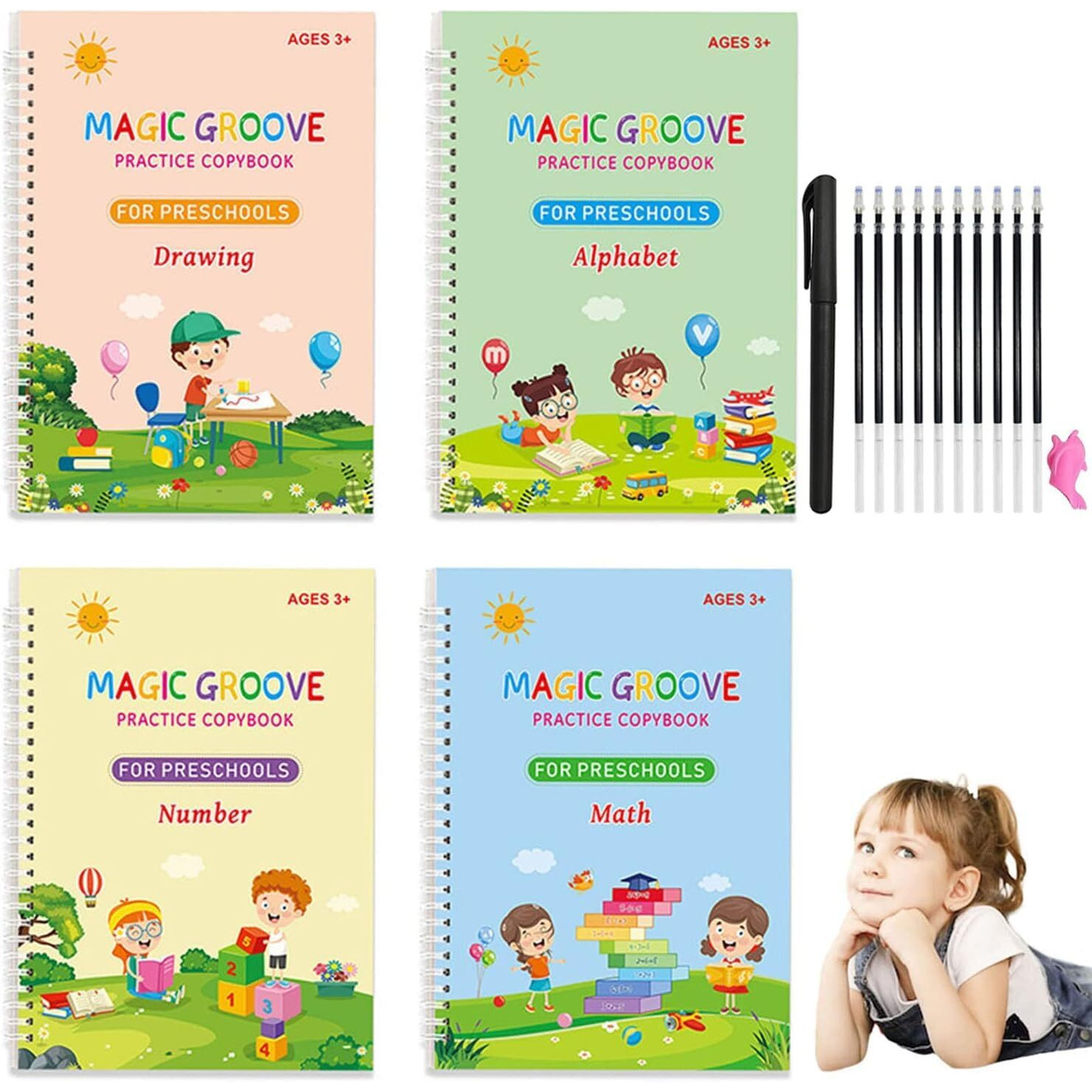 Eclet Magic Book for Kids, Sank Magic Practice Copybook, (4 Book+10 Refill+1 Pen+1 Grip) Number Tracing Book for Pre-Schoolers with Pen, Magic Calligraphy Copybook Set Writing Tool for Kids(E)