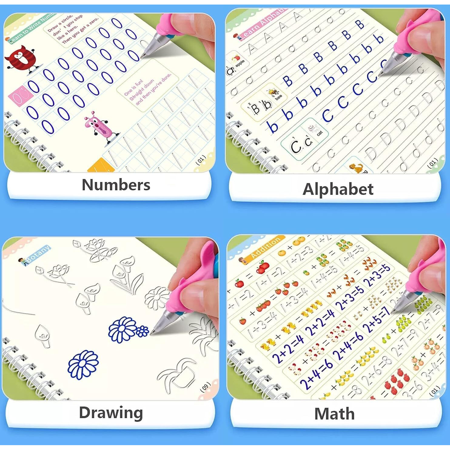 Eclet Magic Book for Kids, Sank Magic Practice Copybook, (4 Book+10 Refill+1 Pen+1 Grip) Number Tracing Book for Pre-Schoolers with Pen, Magic Calligraphy Copybook Set Writing Tool for Kids(E)