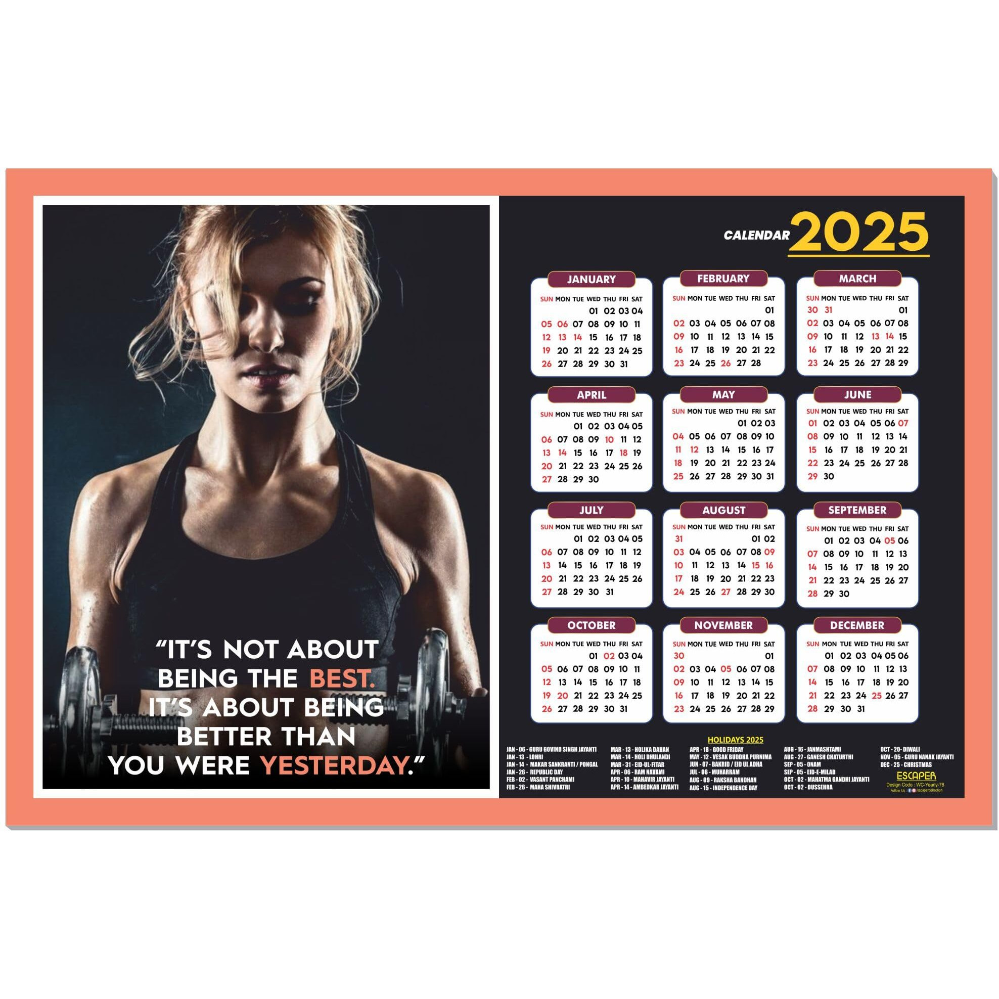 ESCAPER Gym Wall Calendar 2025 hanging (12 x 18), Wall Calendar 2025 for Gym Motivation, Workout Wall Calendar 2025 for Gym, Exercise Wall Calendar 2025, Bodybuilders Wall Calendar 2025, Fitness Center Wall Calendar 2025
