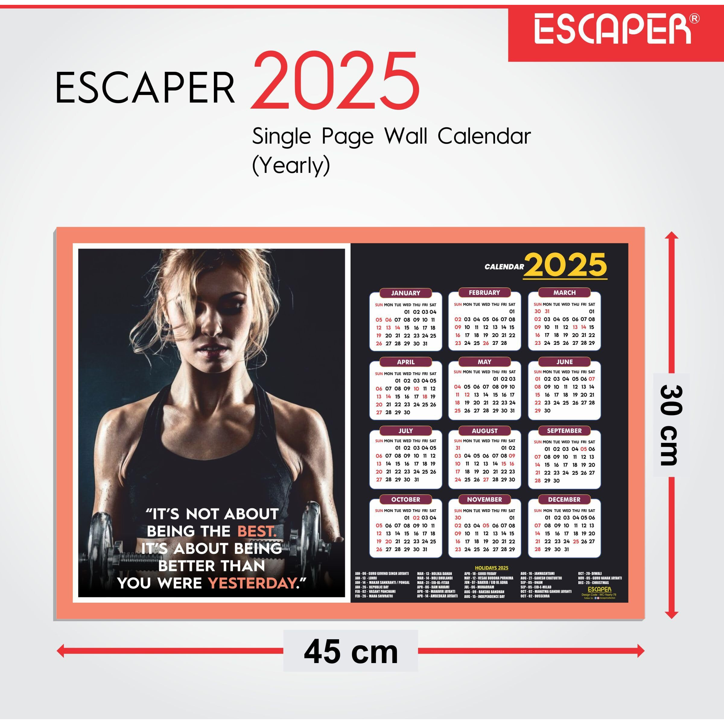 ESCAPER Gym Wall Calendar 2025 hanging (12 x 18), Wall Calendar 2025 for Gym Motivation, Workout Wall Calendar 2025 for Gym, Exercise Wall Calendar 2025, Bodybuilders Wall Calendar 2025, Fitness Center Wall Calendar 2025