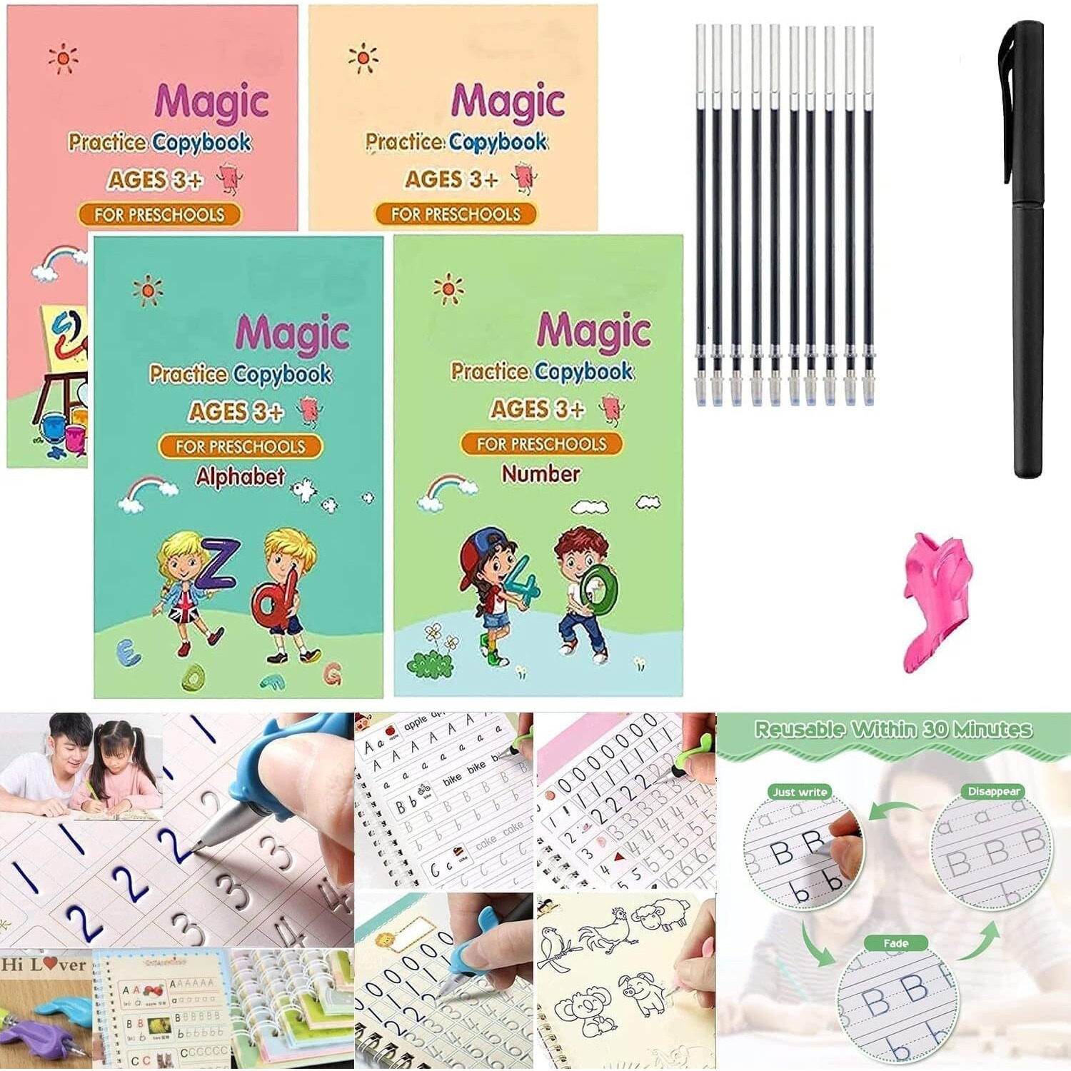 Eclet Magic Book for Kids, Sank Magic Practice Copybook, (4 Book+10 Refill+1 Pen+1 Grip) Number Tracing Book for Pre-Schoolers with Pen, Magic Calligraphy Copybook Set Writing Tool for Kids(B)