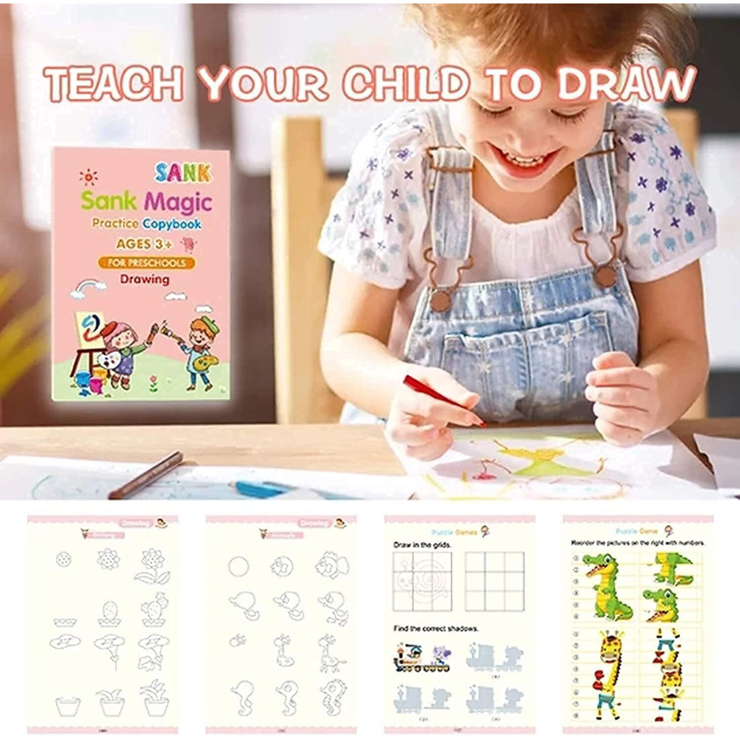 Eclet Magic Book for Kids, Sank Magic Practice Copybook, (4 Book+10 Refill+1 Pen+1 Grip) Number Tracing Book for Pre-Schoolers with Pen, Magic Calligraphy Copybook Set Writing Tool for Kids(B)