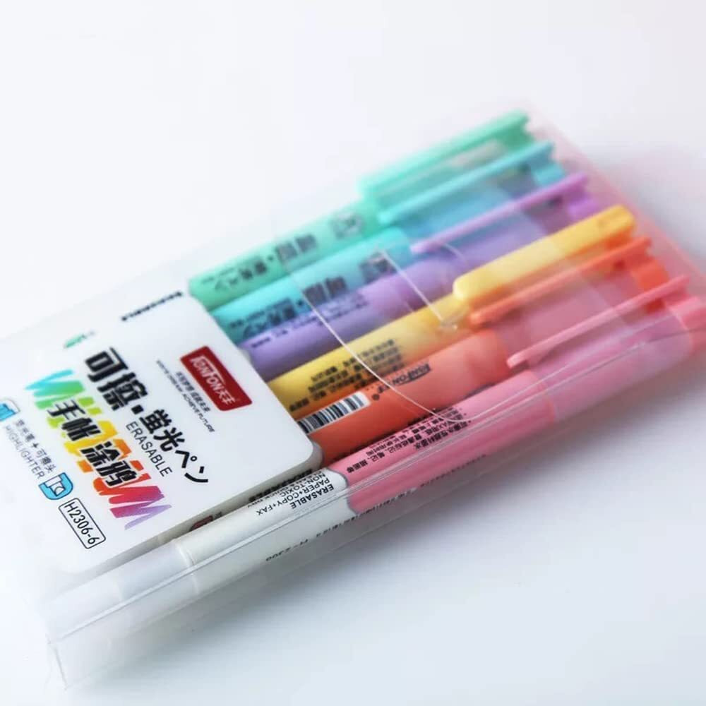 Chic Modern Minimal Erasable Tip Highlighters | Set Of 6 Pens | Chisel Tip Fine Grip Marker | Marker On One Side & Eraser On The Other Side | Ideal Gifts For Stationery Hoarders & Kids.
