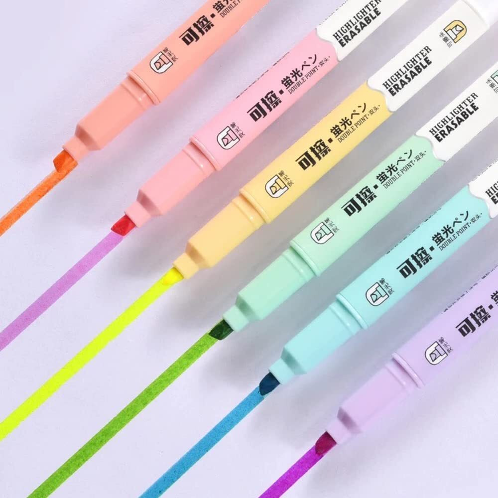 Chic Modern Minimal Erasable Tip Highlighters | Set Of 6 Pens | Chisel Tip Fine Grip Marker | Marker On One Side & Eraser On The Other Side | Ideal Gifts For Stationery Hoarders & Kids.