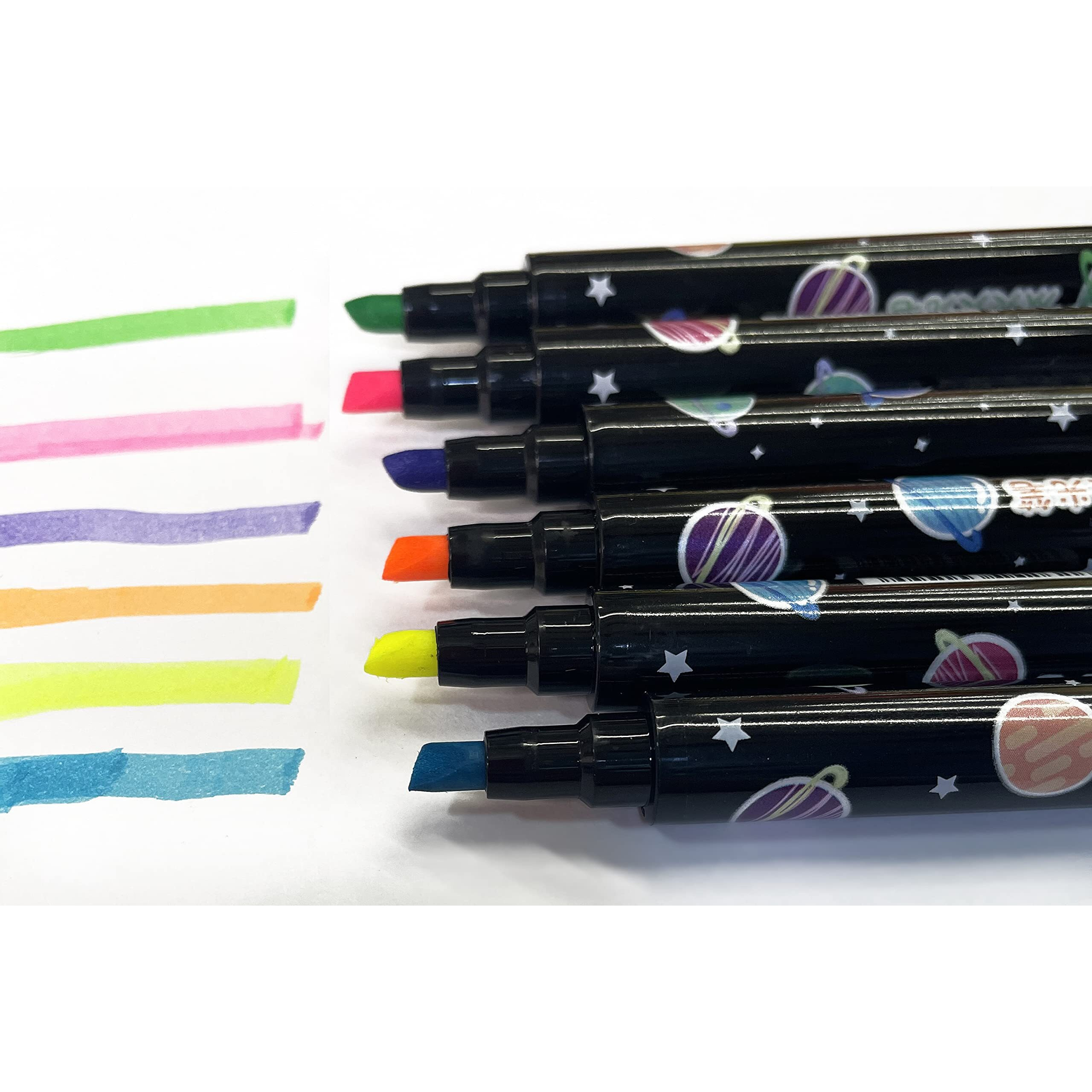 Ayat Retail|Space Theme Double Tip Highlighters|Set Of 6 Double Sided Pens|Fine Grip Marker|Thin & Thick Tip|2In1|Chisel Tip|Smudge Proof & Quick Dry|Ideal Gift For Stationery Hoarders & Kids-Assorted