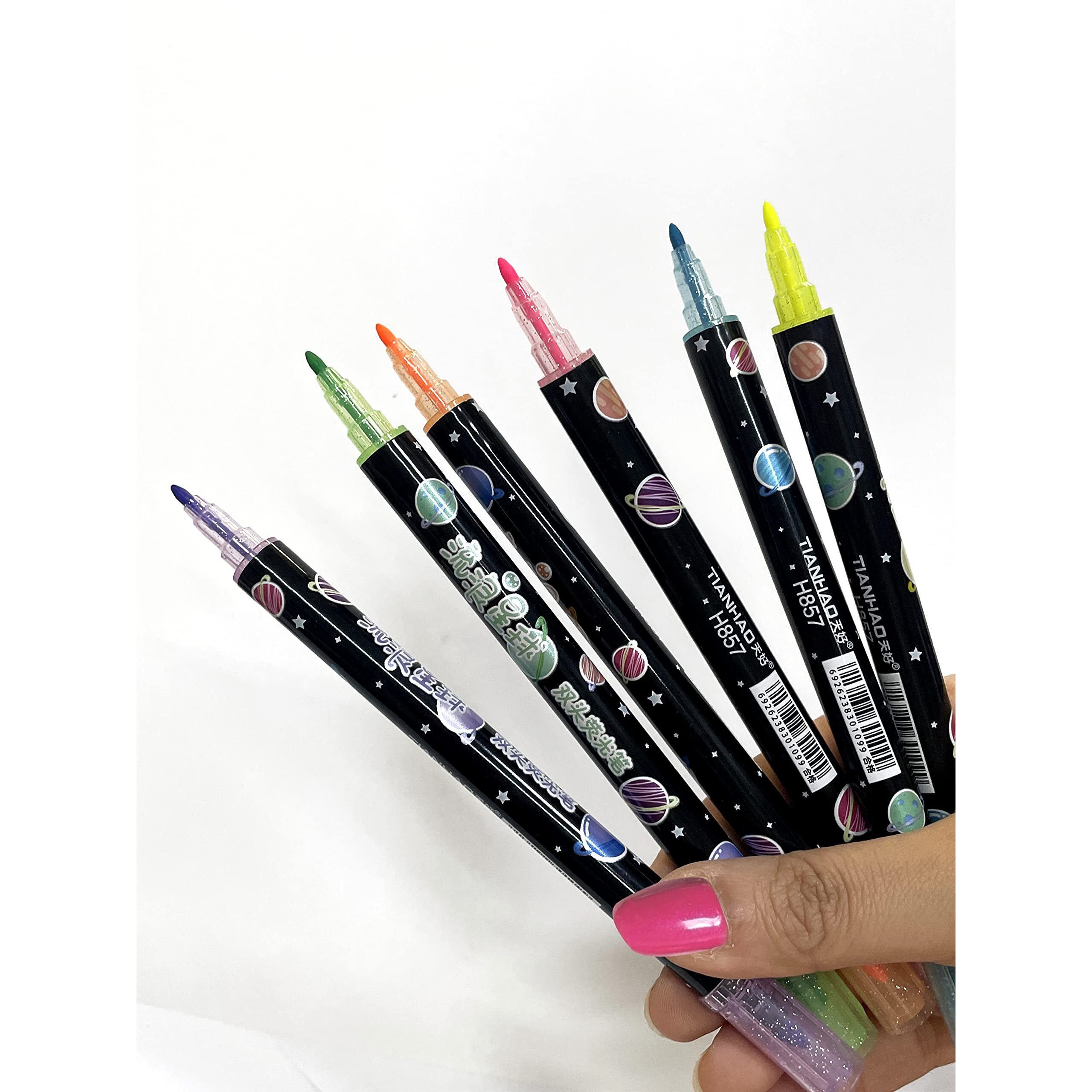 Ayat Retail|Space Theme Double Tip Highlighters|Set Of 6 Double Sided Pens|Fine Grip Marker|Thin & Thick Tip|2In1|Chisel Tip|Smudge Proof & Quick Dry|Ideal Gift For Stationery Hoarders & Kids-Assorted