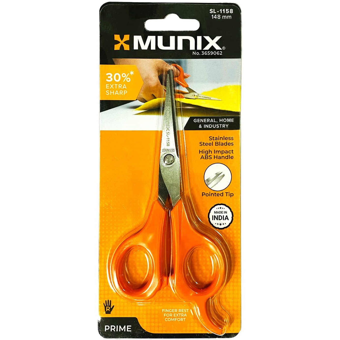 Munix SL-1158 148 mm / 5.8" Stainless Steel Scissors | Pointed Tip with Shock Proof Body | Ergonomic & Soft Handles for Easy Handling | Orange, Pack of 3 - Color May Vary