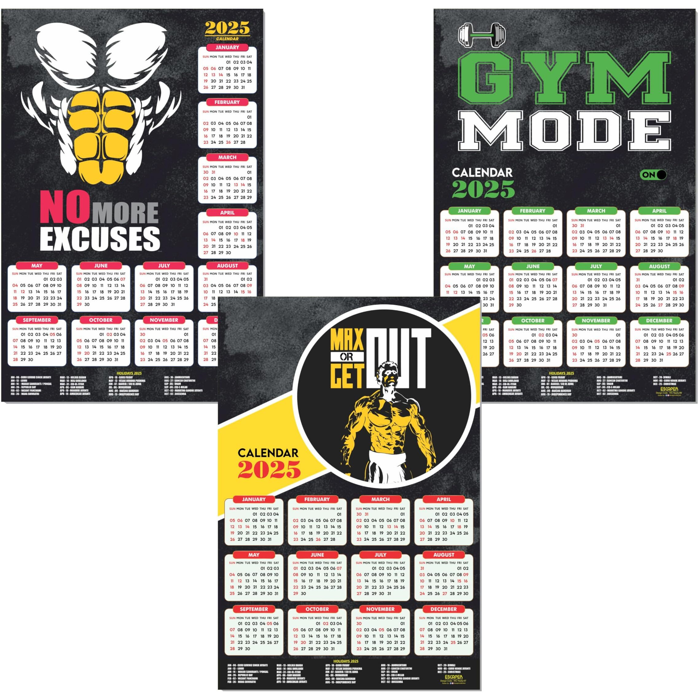 ESCAPER Gym Wall Calendar 2025 hanging (12 x 18, 300 GSM), Wall Calendar 2025 for Gym Motivation, Workout Wall Calendar 2025 for Gym, Exercise Wall Calendar 2025, Bodybuilders Wall Calendar 2025, Fitness Center Wall Calendar 2025