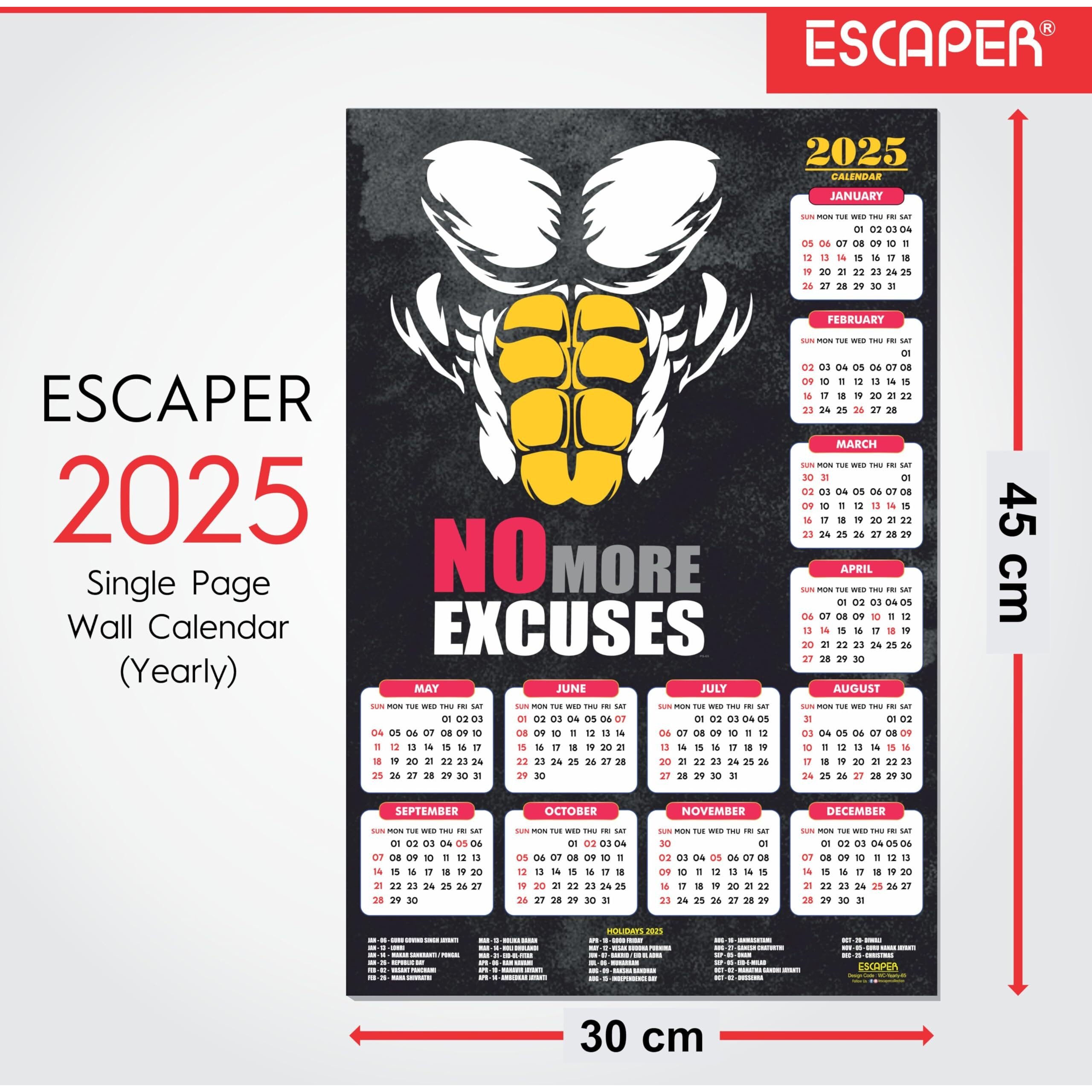 ESCAPER Gym Wall Calendar 2025 hanging (12 x 18, 300 GSM), Wall Calendar 2025 for Gym Motivation, Workout Wall Calendar 2025 for Gym, Exercise Wall Calendar 2025, Bodybuilders Wall Calendar 2025, Fitness Center Wall Calendar 2025
